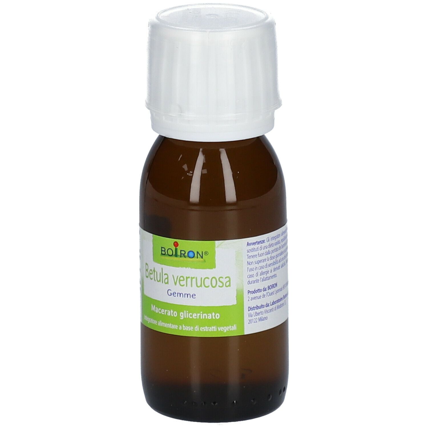 Flacone di vetro marrone con tappo bianco. Etichetta con informazioni sul prodotto, inclusi volume e produttore.