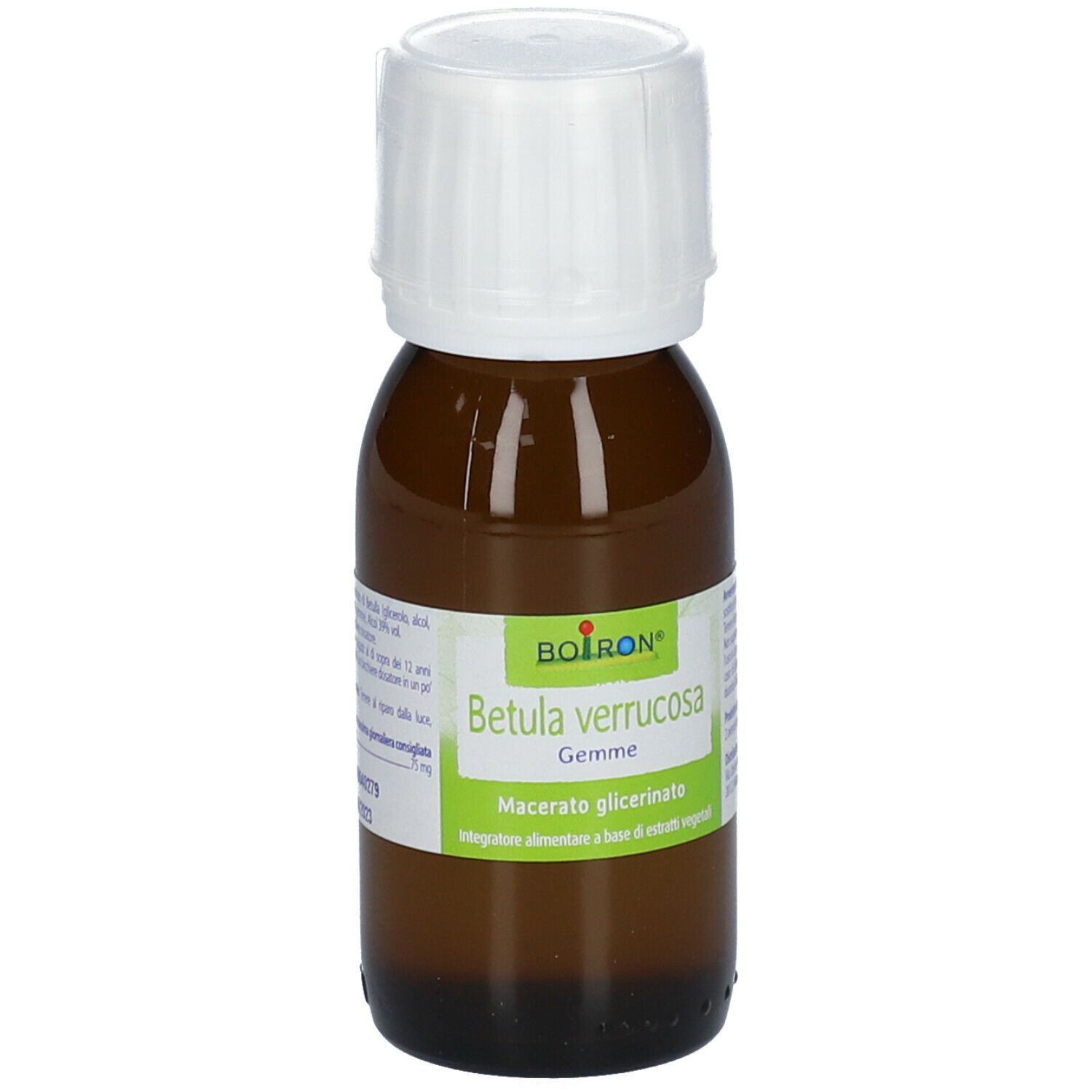 Flacone di vetro marrone con tappo bianco. Etichetta con informazioni sul prodotto, inclusi volume e produttore.