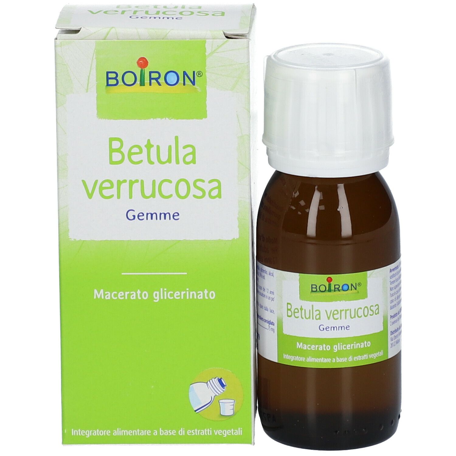Flacone di vetro marrone con tappo bianco e scatola verde. Il nome del prodotto e il marchio sono visibili sulla scatola.