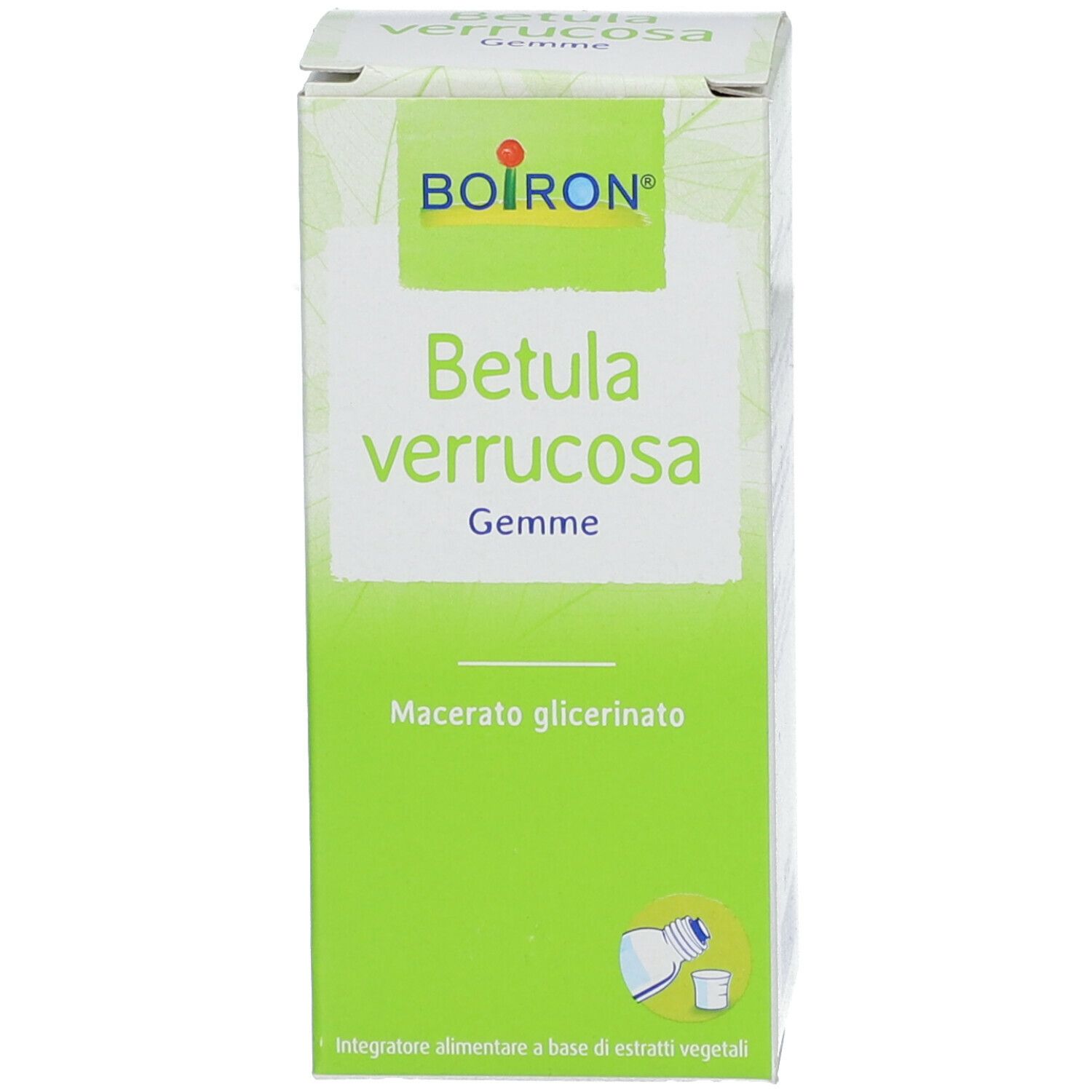 Scatola verde con nome del prodotto e marchio. Sulla scatola è visibile l'immagine di un flacone e di un bicchiere.