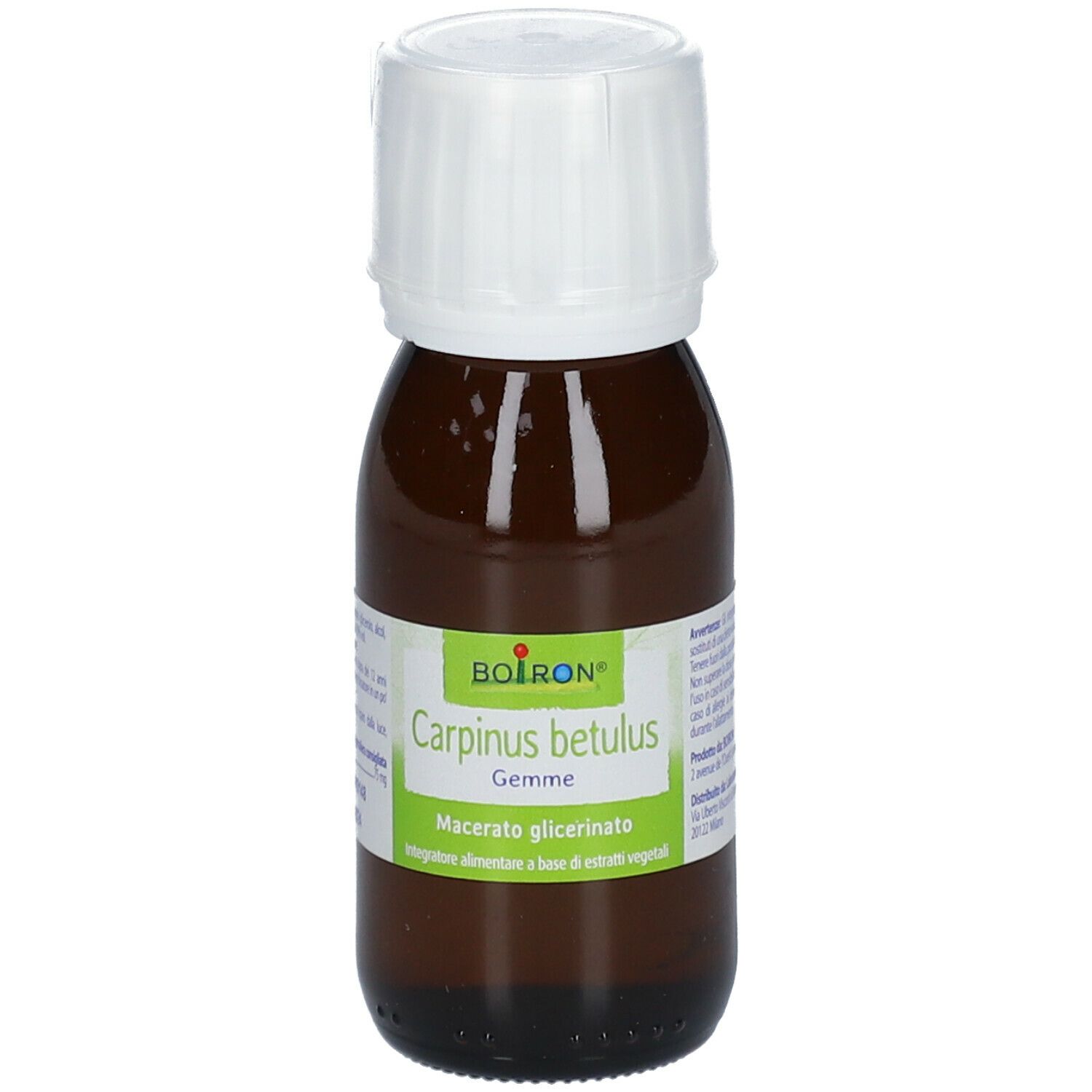Flacone di vetro marrone con tappo bianco. Scritto: BOIRON Carpinus betulus Gemme. Macerato.