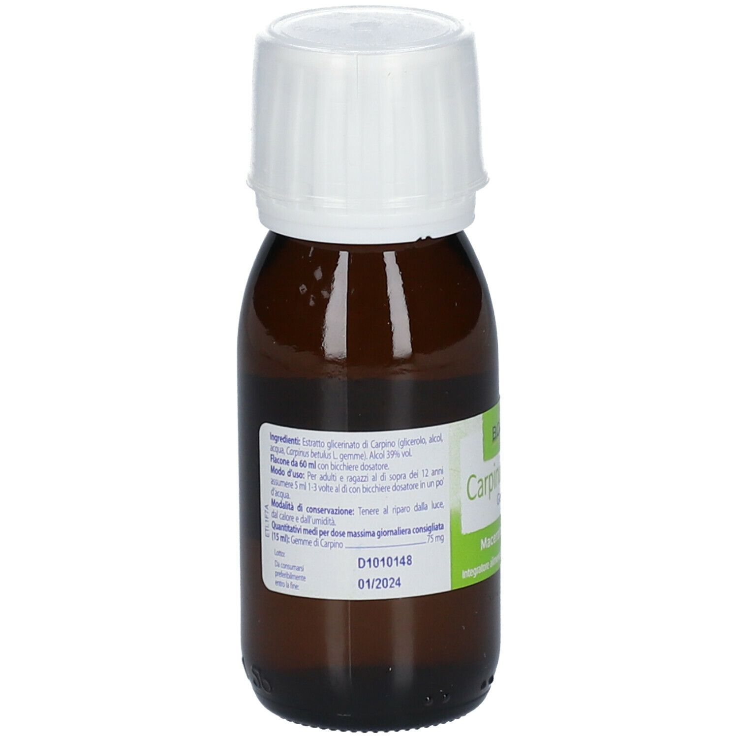 Flacone di vetro marrone con tappo bianco. Scritto: BOIRON Carpinus betulus Gemme. Elenco ingredienti.