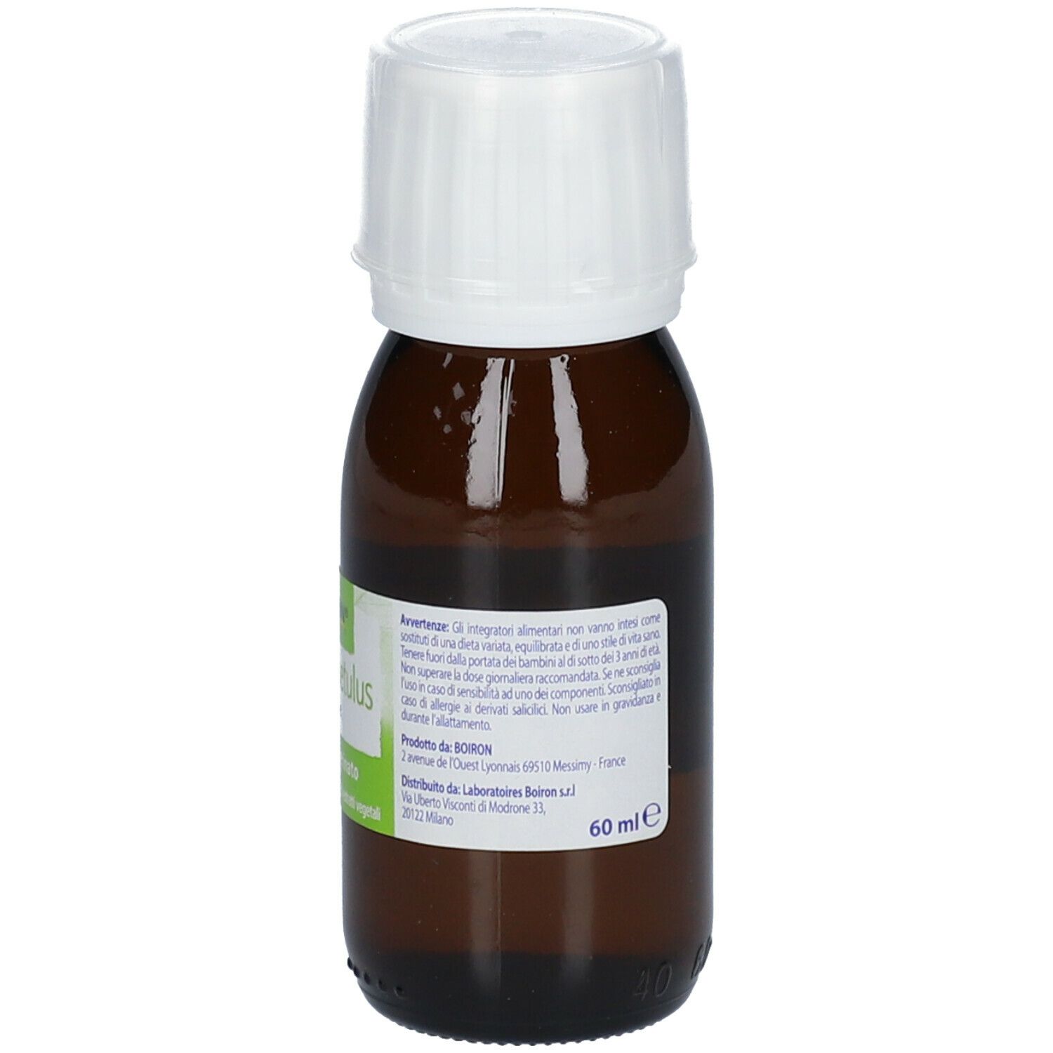 Flacone di vetro marrone con tappo bianco. Scritto: BOIRON Carpinus betulus Gemme. Informazioni.
