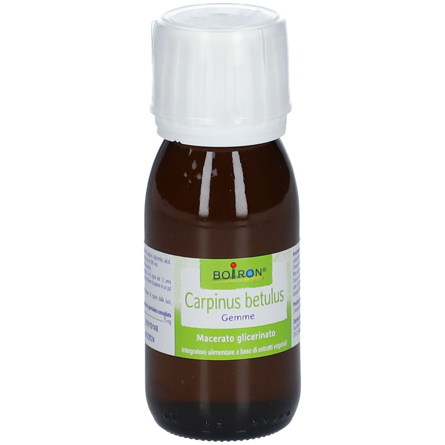 Flacone di vetro marrone con tappo bianco. Scritto: BOIRON Carpinus betulus Gemme. Informazioni.