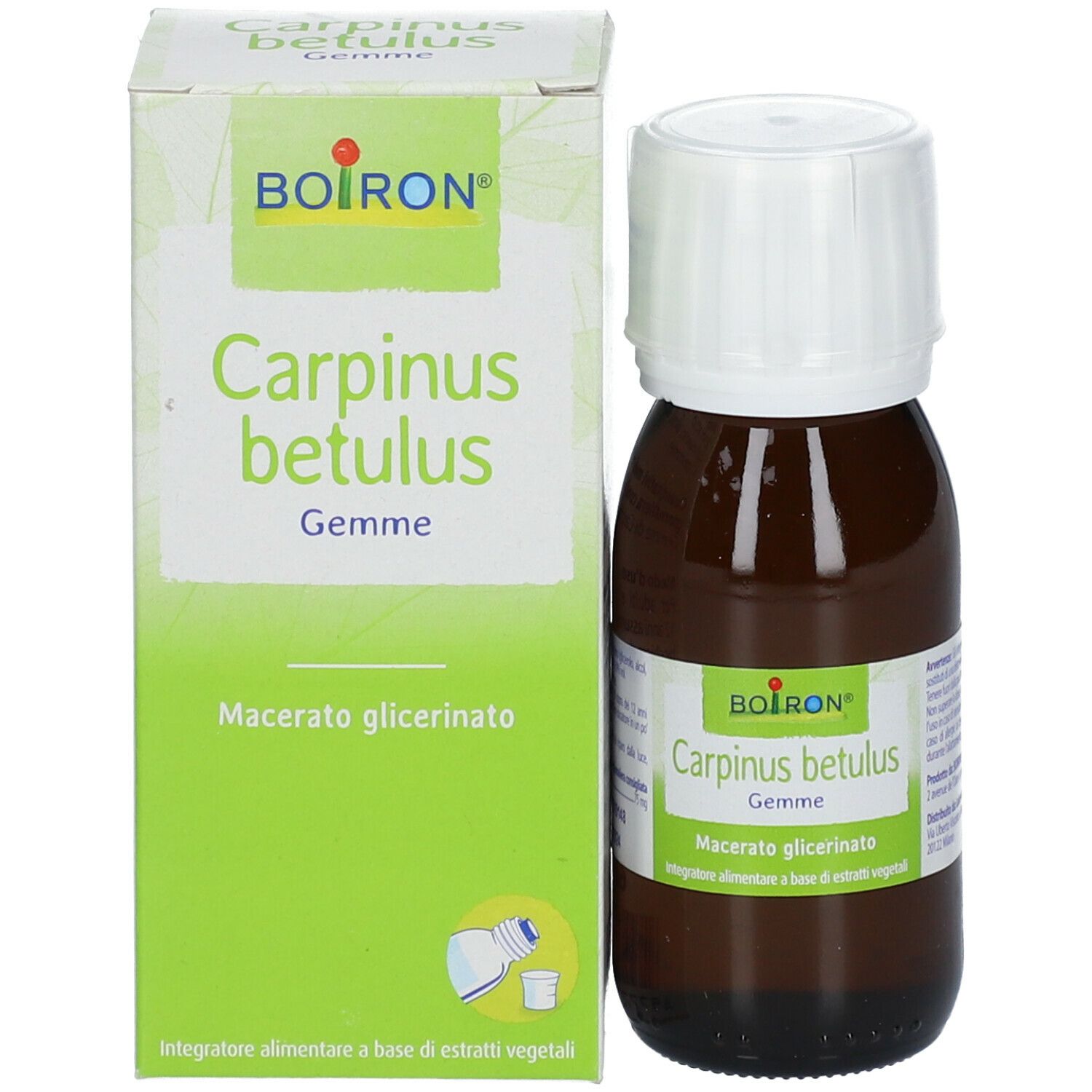 Flacone e scatola di vetro marrone. Scritto: BOIRON Carpinus betulus Gemme. Macerato glicerinato.