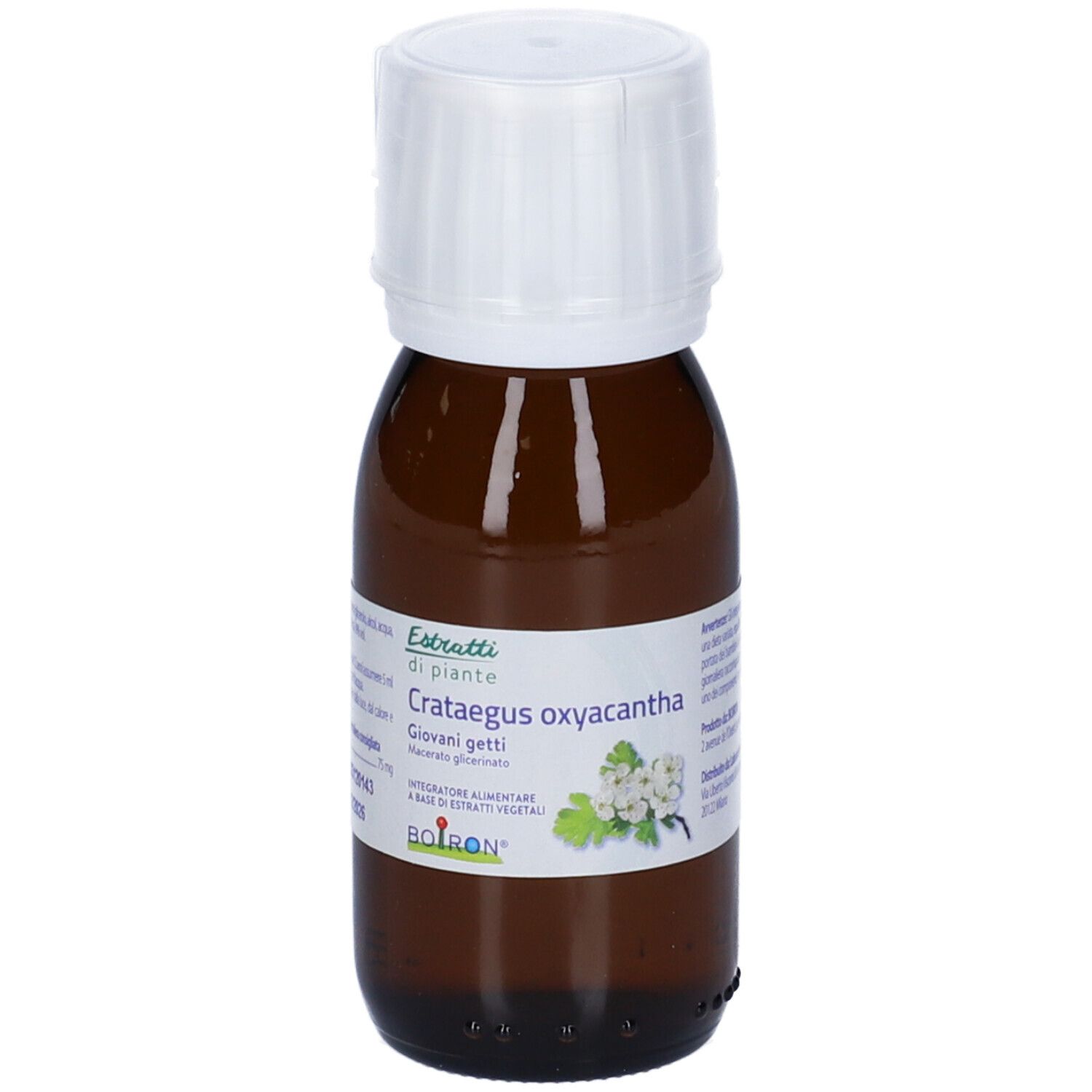 Flacone di vetro marrone con tappo bianco. L'etichetta riporta "Crataegus oxyacantha Giovani getti".