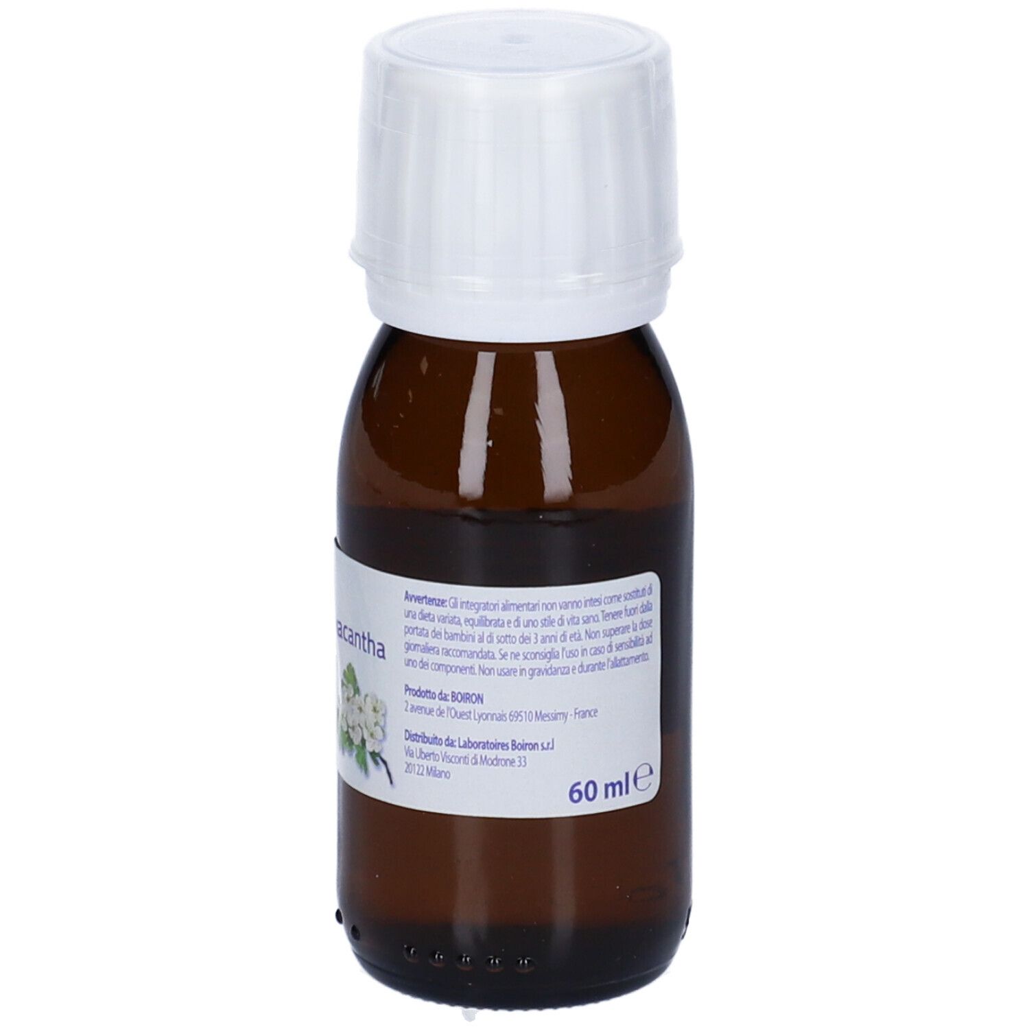 Flacone di vetro marrone con tappo bianco. L'etichetta indica "60 ml".