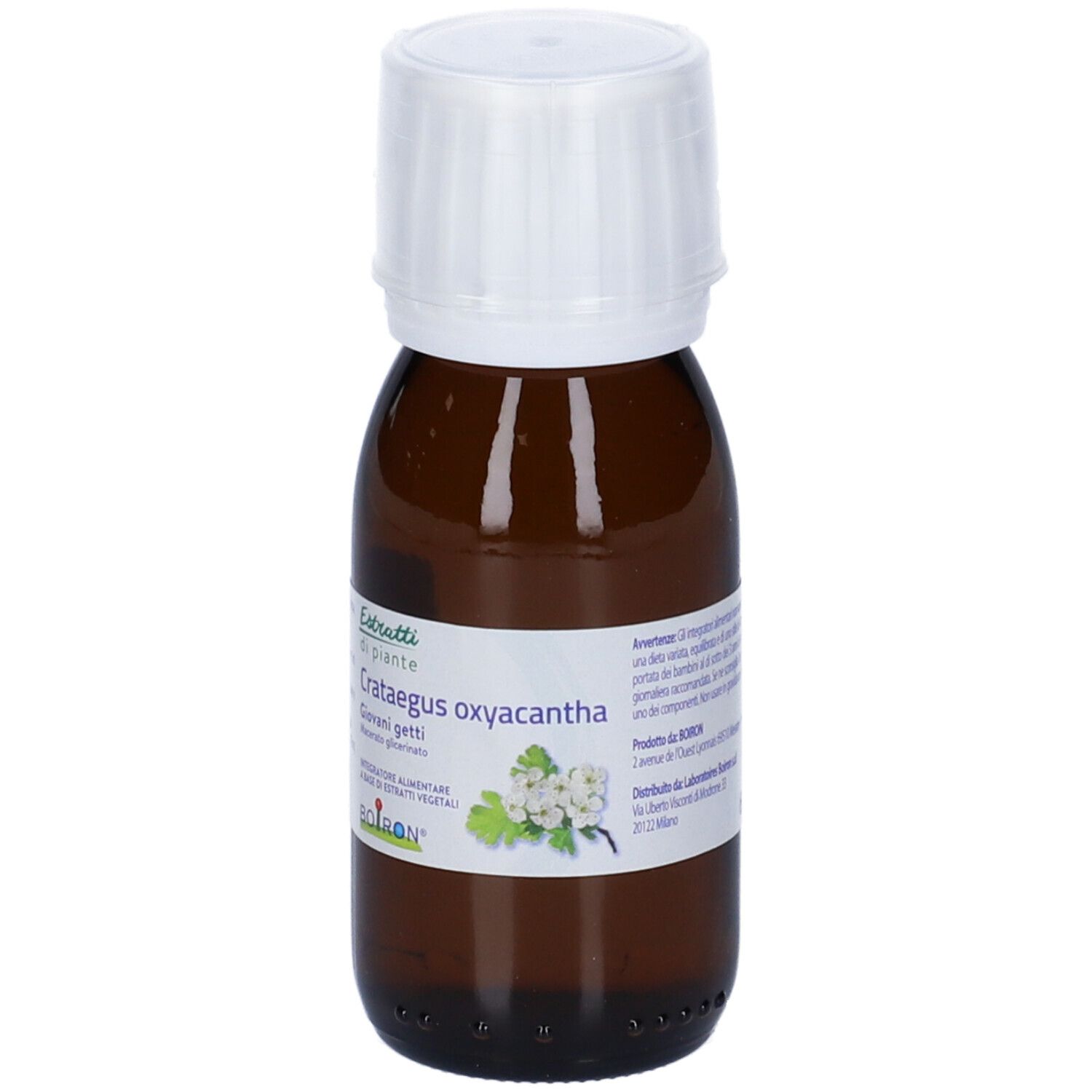 Flacone di vetro marrone con tappo bianco. L'etichetta indica "Crataegus oxyacantha Giovani getti".