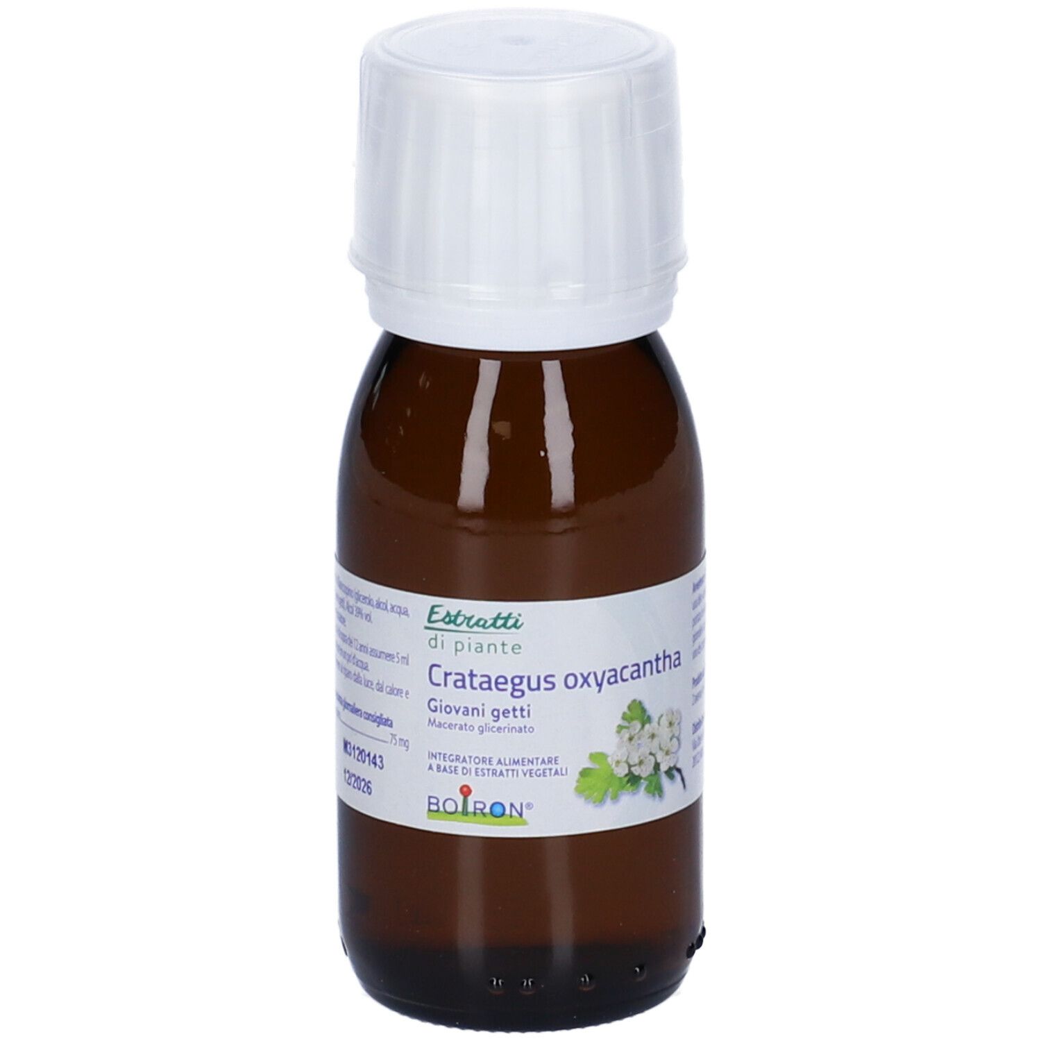 Flacone di vetro marrone con tappo bianco. L'etichetta indica "Crataegus oxyacantha Giovani getti".