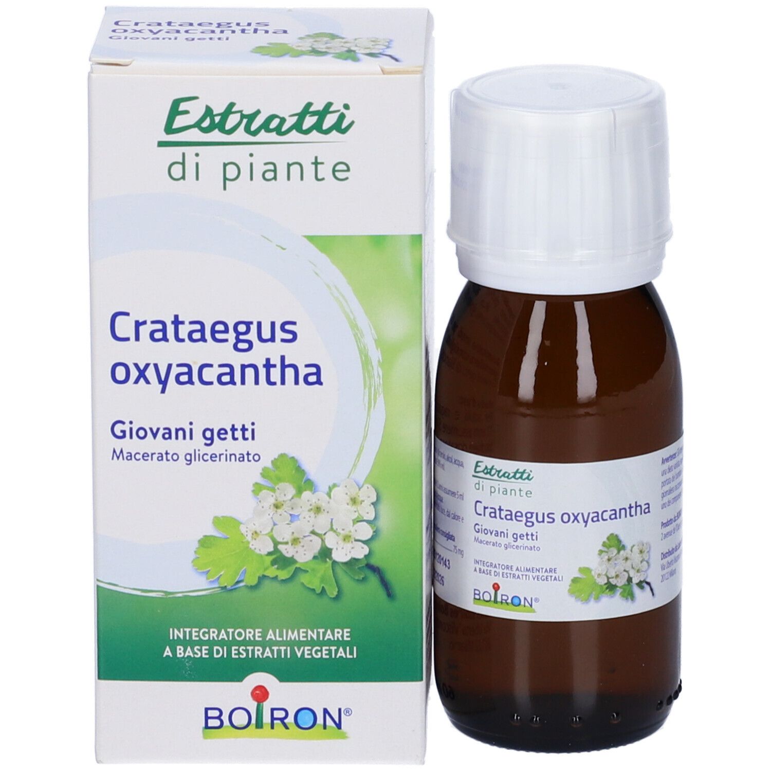 Flacone di vetro marrone con tappo bianco e scatola. Sul flacone e sulla scatola è scritto "Crataegus oxyacantha Giovani getti".