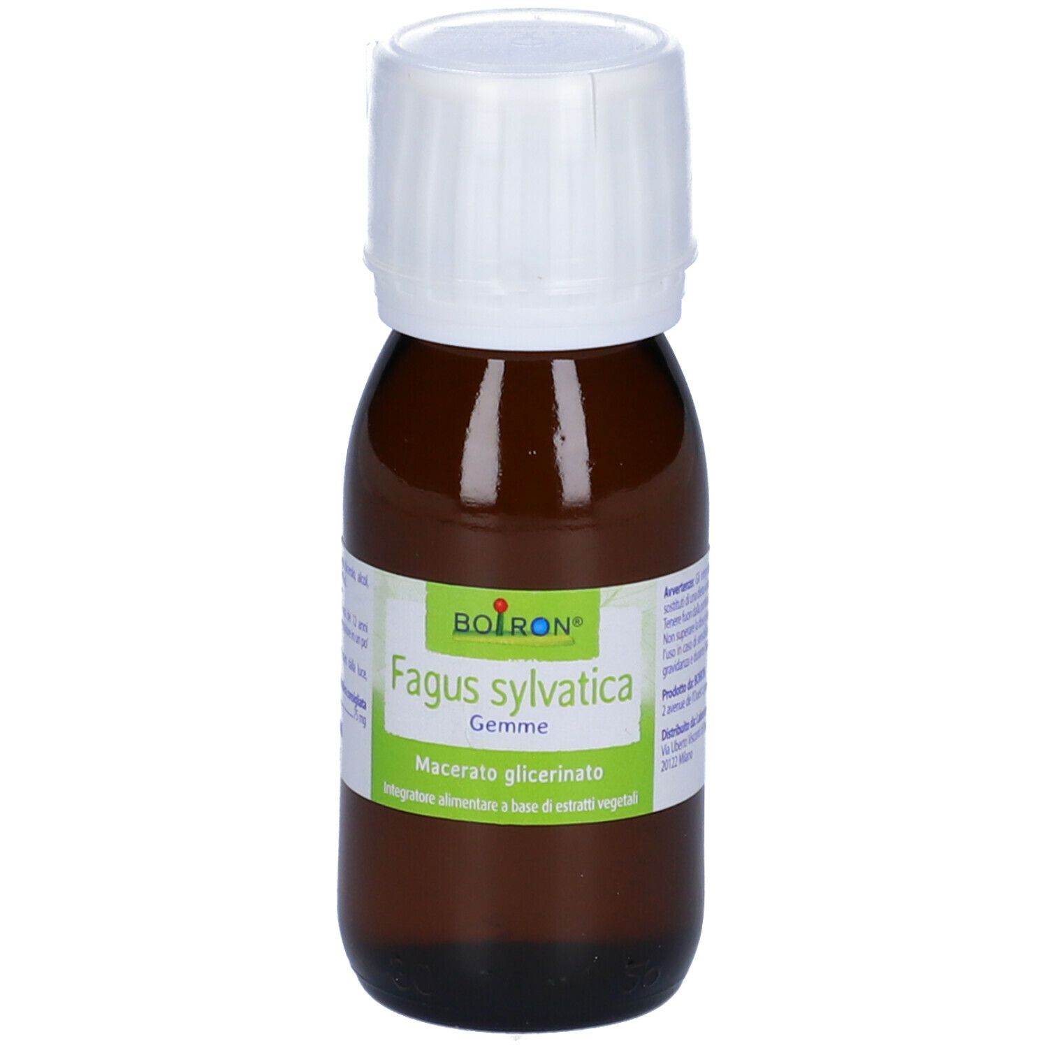 Flacone di vetro marrone con tappo bianco. Etichetta con nome del prodotto e marchio BOIRON®. Contiene liquido.