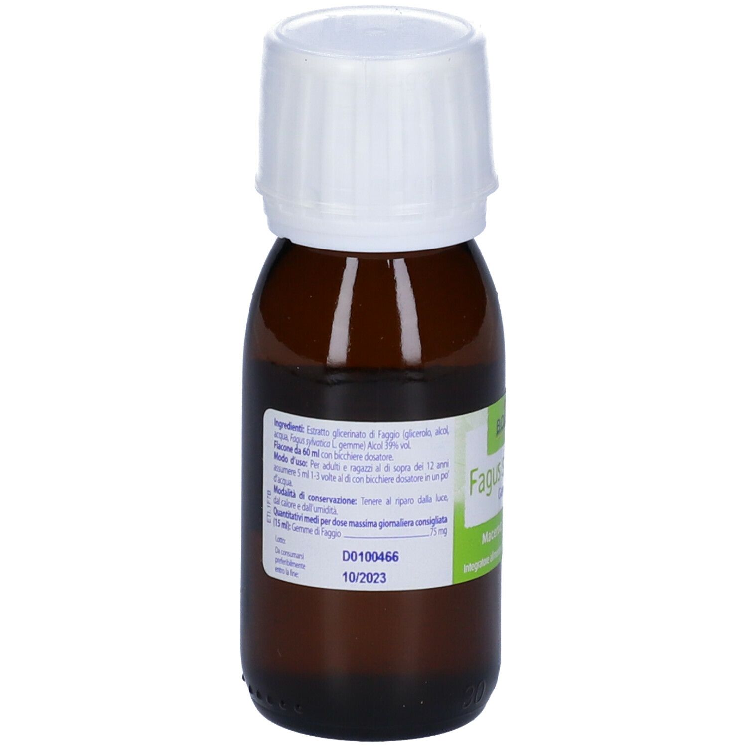 Vista posteriore di un flacone di vetro marrone con tappo bianco. Etichetta con ingredienti e data di scadenza. Marchio BOIRON®.