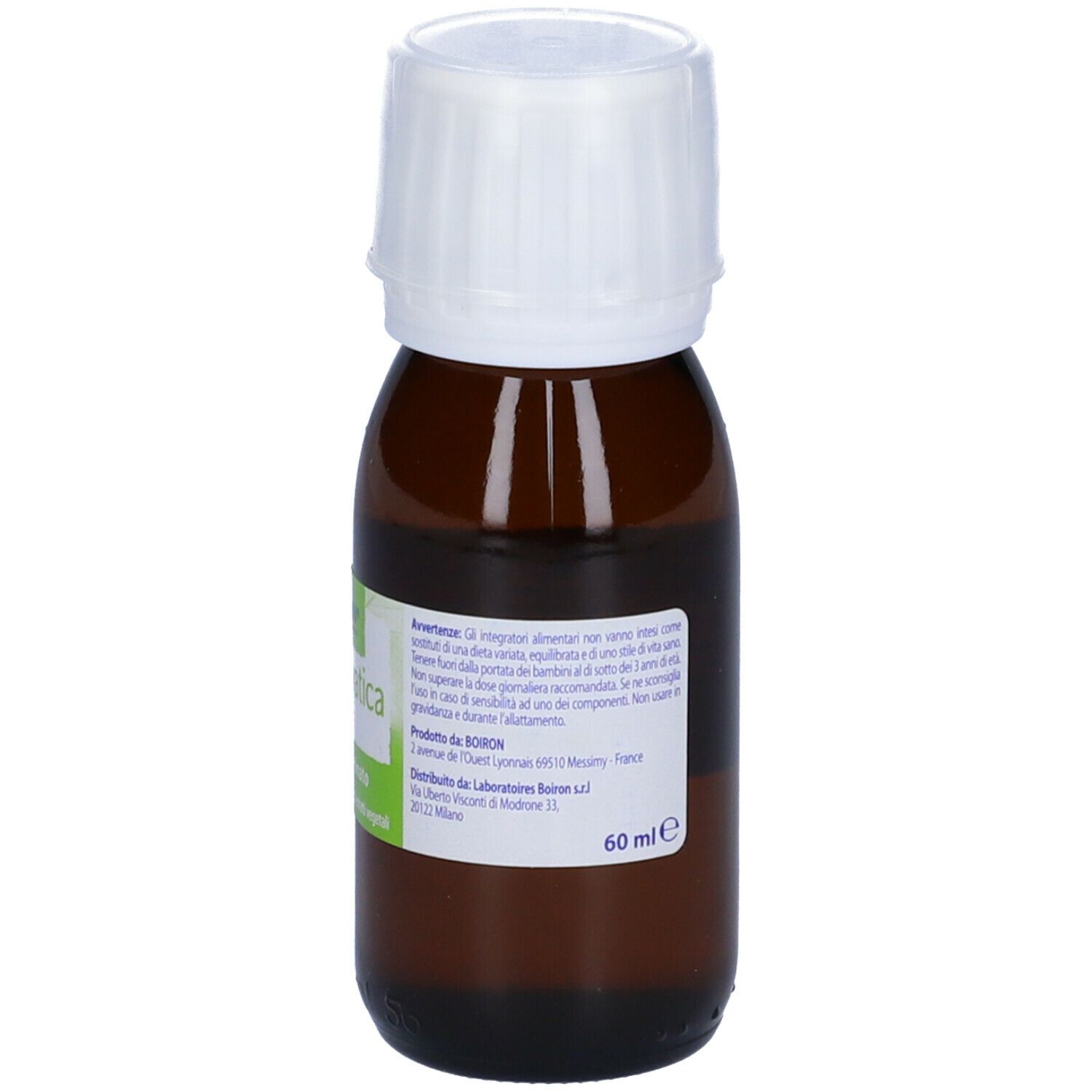 Flacone di vetro marrone con tappo bianco. Etichetta con informazioni sul prodotto e marchio BOIRON®. 60 ml.