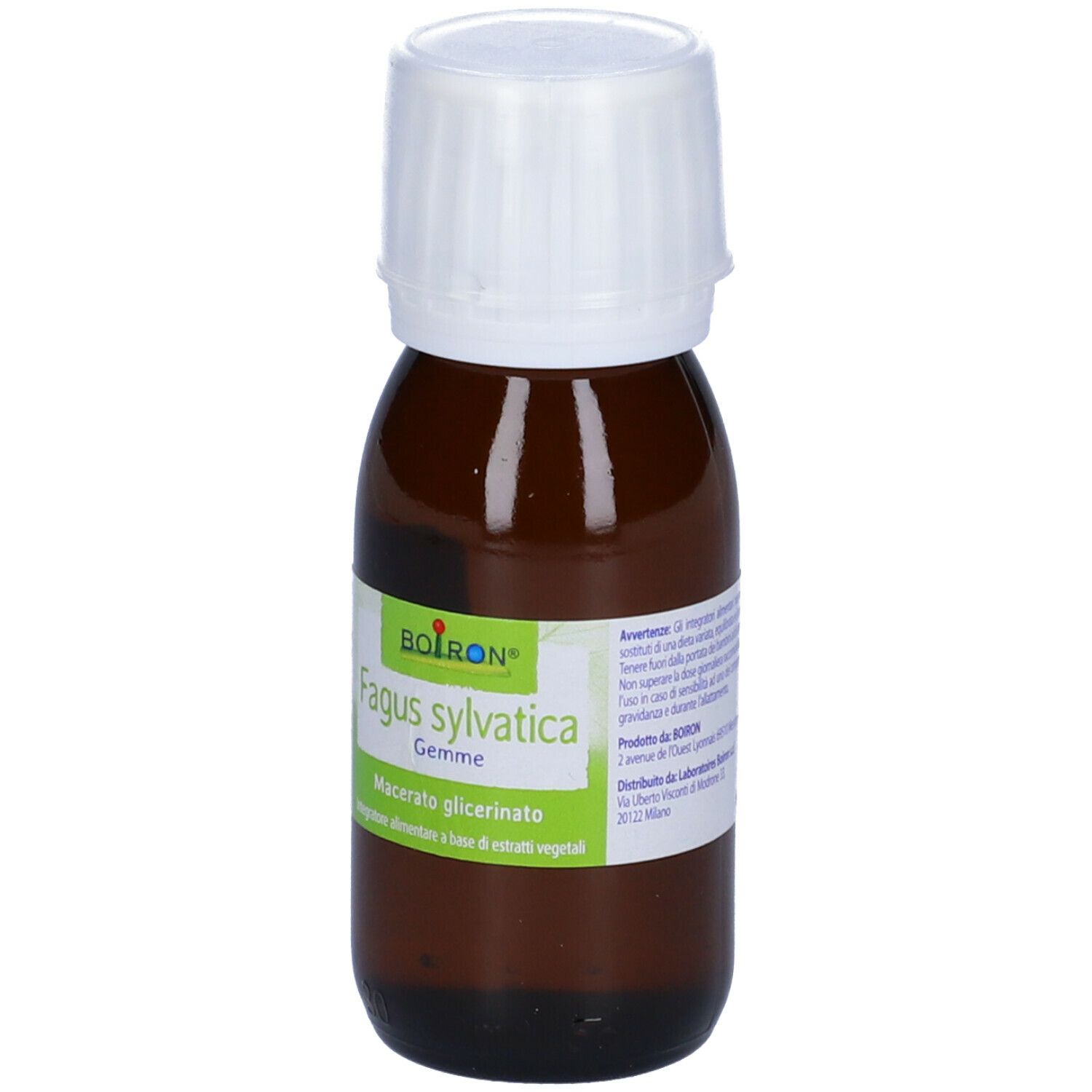 Flacone di vetro marrone con tappo bianco. Etichetta con nome del prodotto e marchio BOIRON®. Contiene liquido.