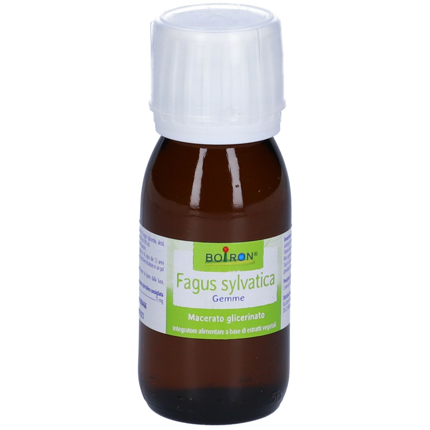 Flacone di vetro marrone con tappo bianco. Etichetta con nome del prodotto e marchio BOIRON®. Contiene liquido.