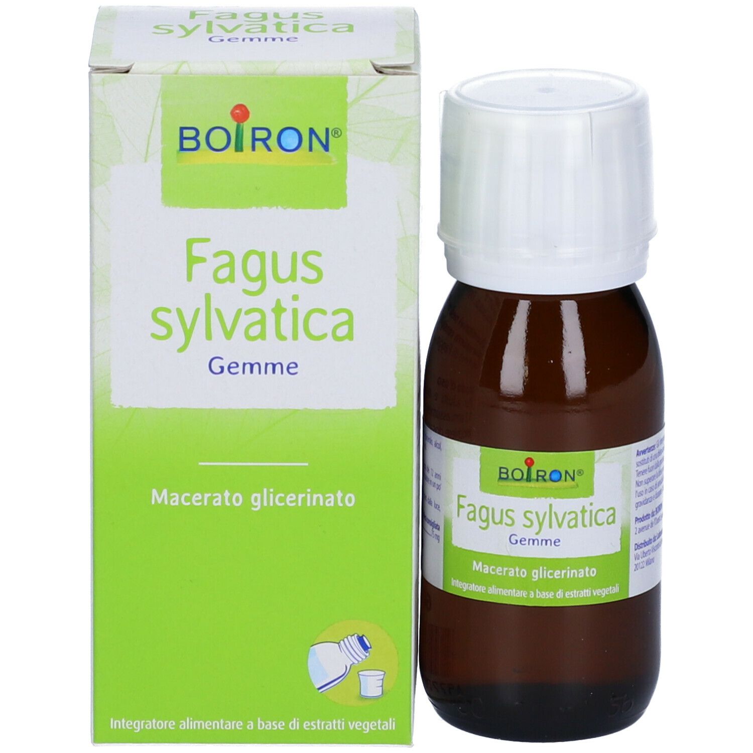 Confezione del prodotto con flacone. Scatola verde con testo bianco. Marchio BOIRON®. Flacone con tappo bianco.