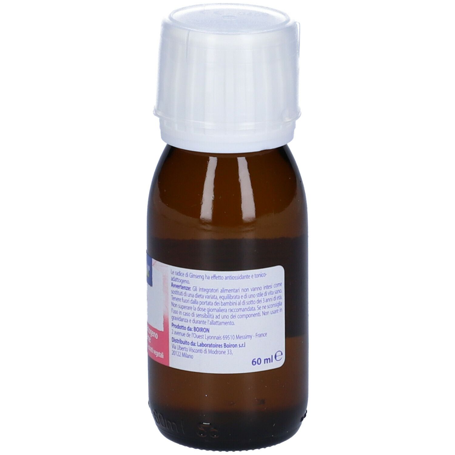 Flacone di vetro marrone con tappo bianco. Etichetta con informazioni e produttore.