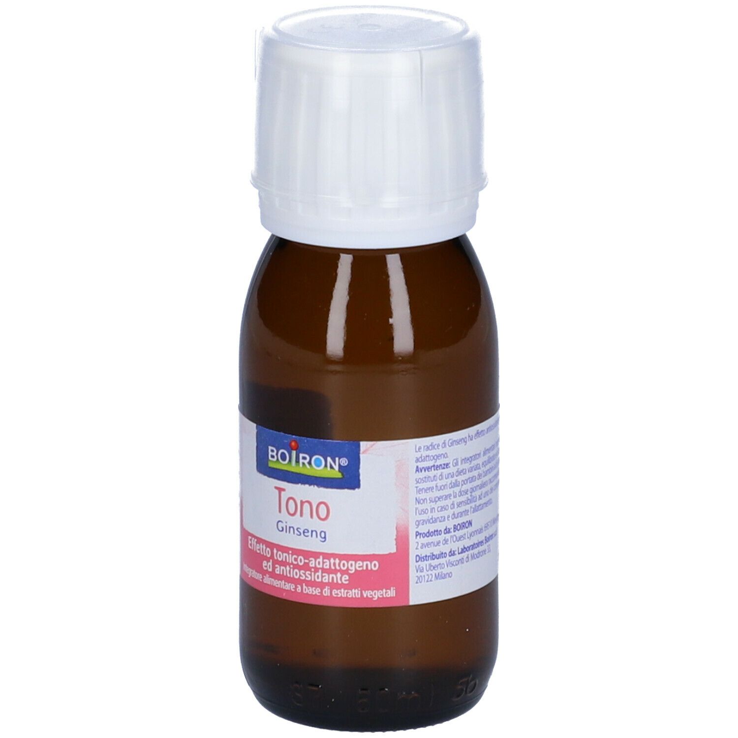 Flacone di vetro marrone con tappo bianco. Etichetta "BOIRON Tono Ginseng".