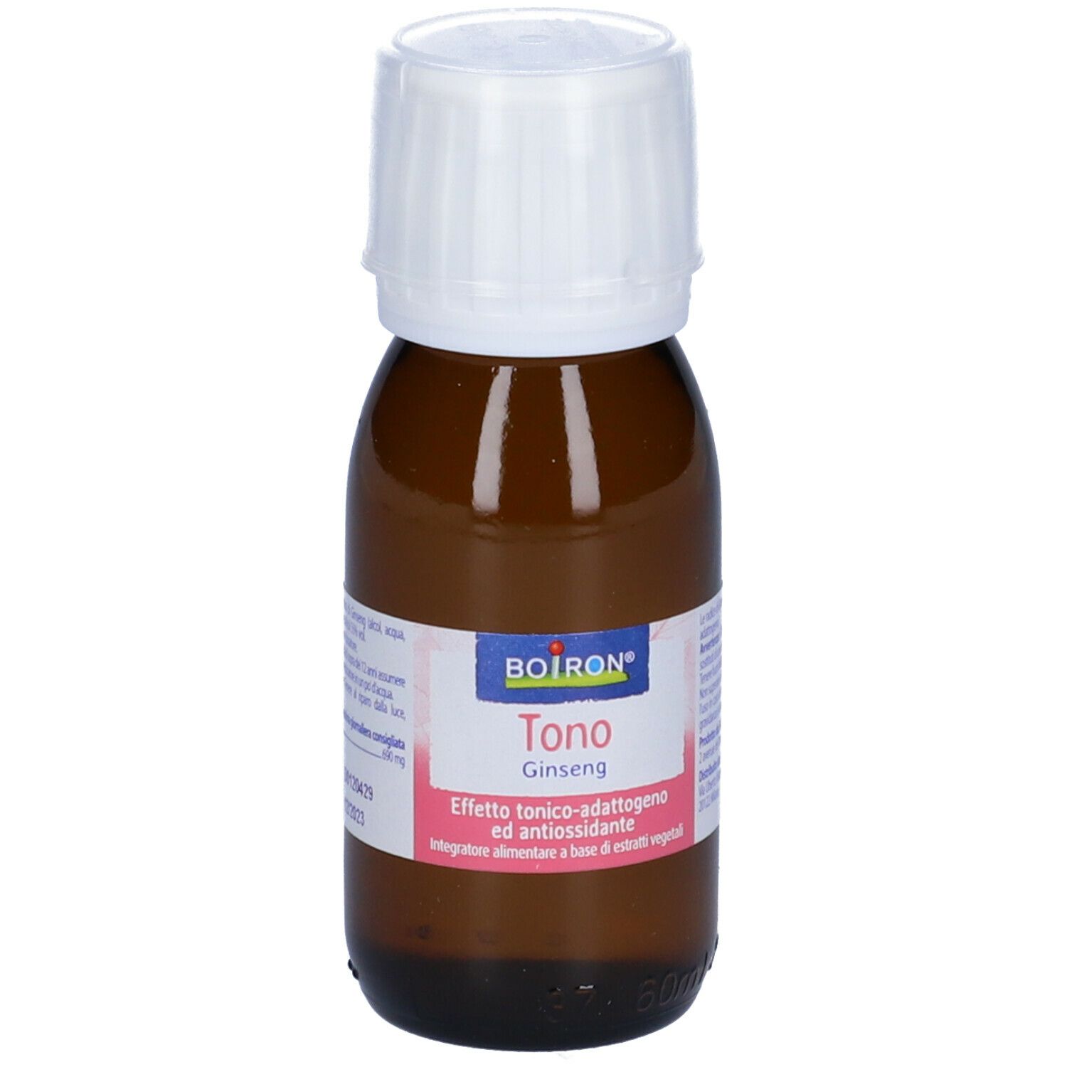 Flacone di vetro marrone con tappo bianco. Etichetta "BOIRON Tono Ginseng".