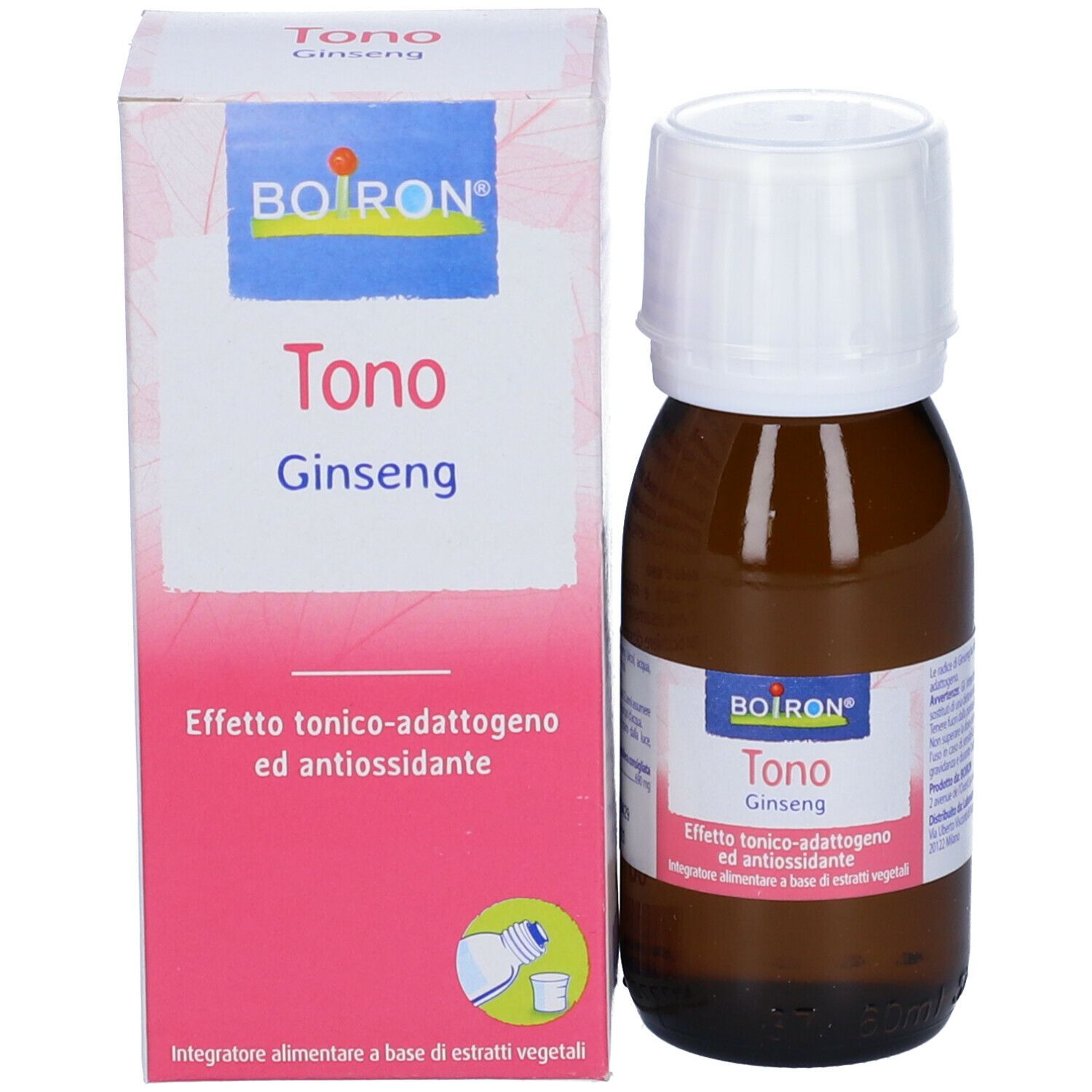 Flacone e scatola. Scatola con "BOIRON Tono Ginseng".