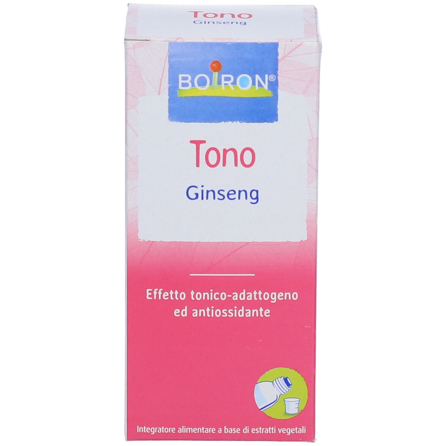 Confezione del prodotto. Scatola con "BOIRON Tono Ginseng".