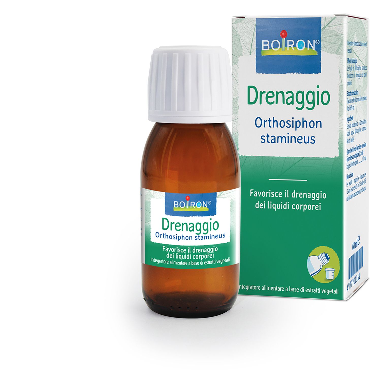 Flacone di vetro marrone con tappo bianco ed etichetta. L'etichetta riporta "Drenaggio Orthosiphon stamineus" di BOIRON.