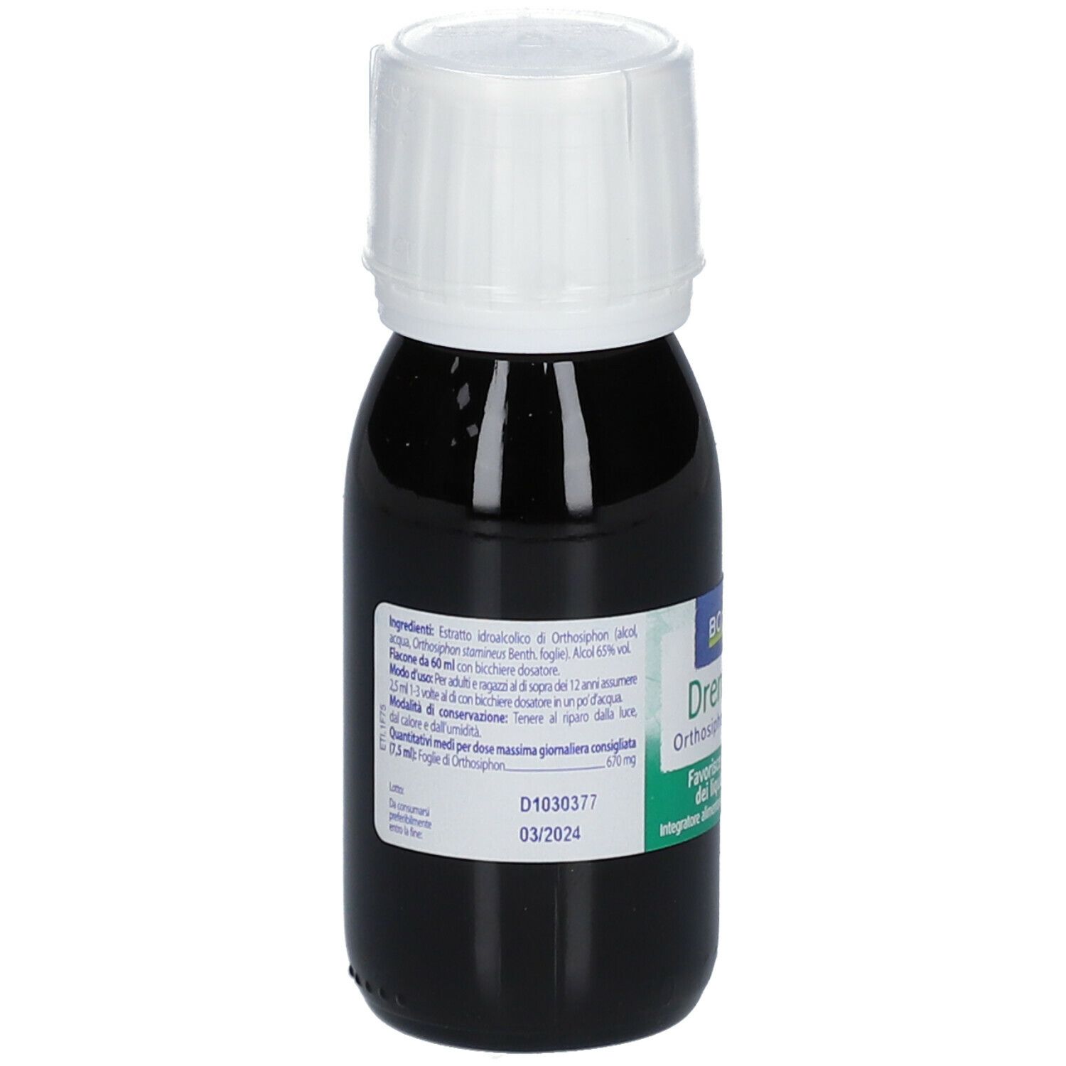 Piccola bottiglia con tappo bianco. L'etichetta riporta "Drenaggio Orthosiphon stamineus" di BOIRON. Liquido scuro.