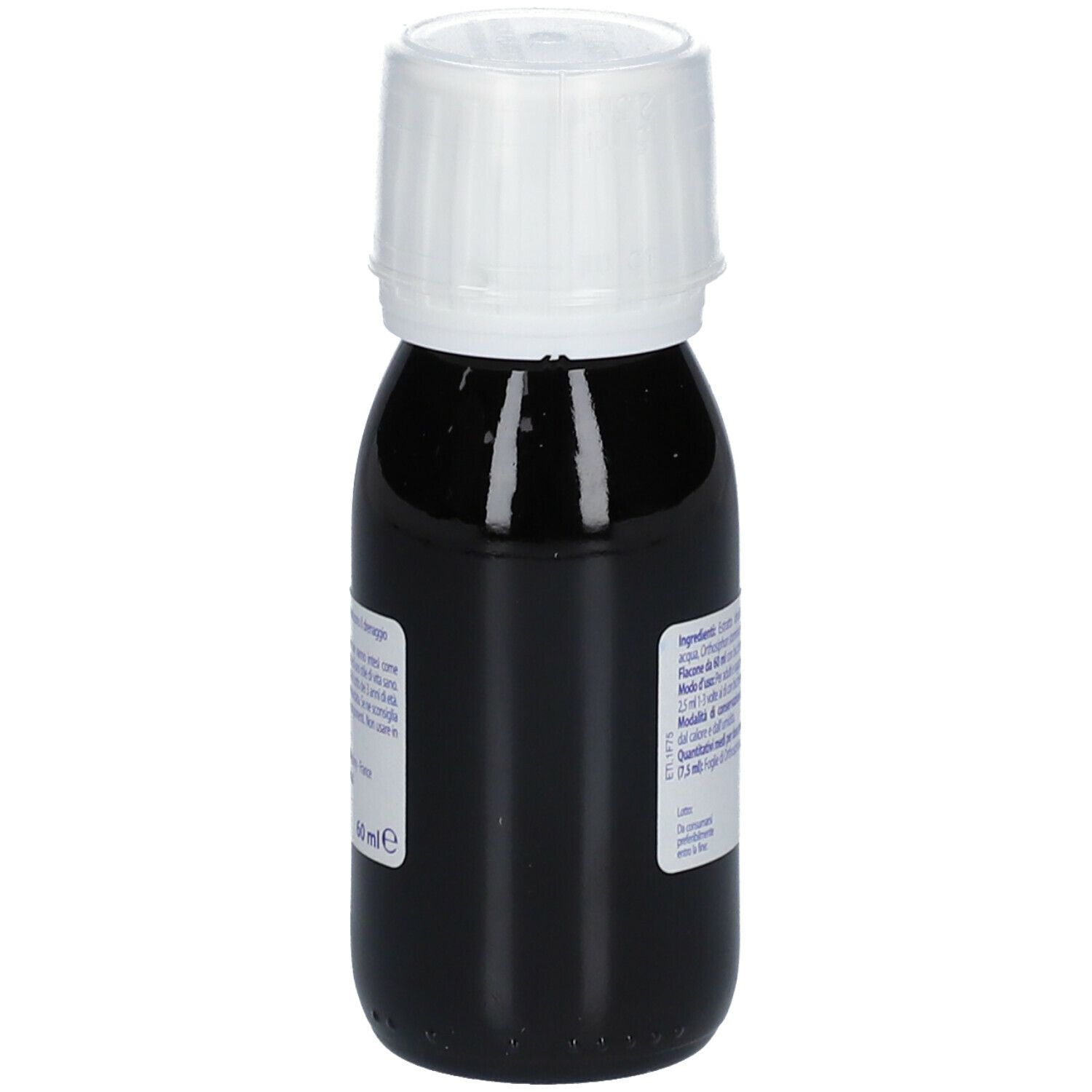 Piccola bottiglia con tappo bianco. L'etichetta riporta "Drenaggio Orthosiphon stamineus" di BOIRON. Liquido scuro.