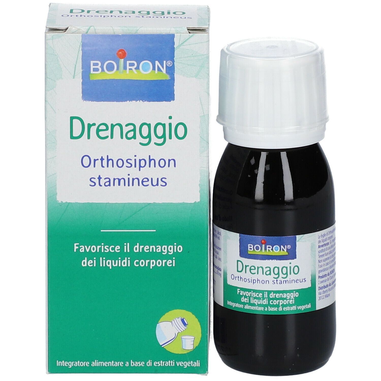 Flacone marrone con tappo bianco ed etichetta. Accanto, una scatola verde con il nome del prodotto "Drenaggio Orthosiphon stamineus" di BOIRON.