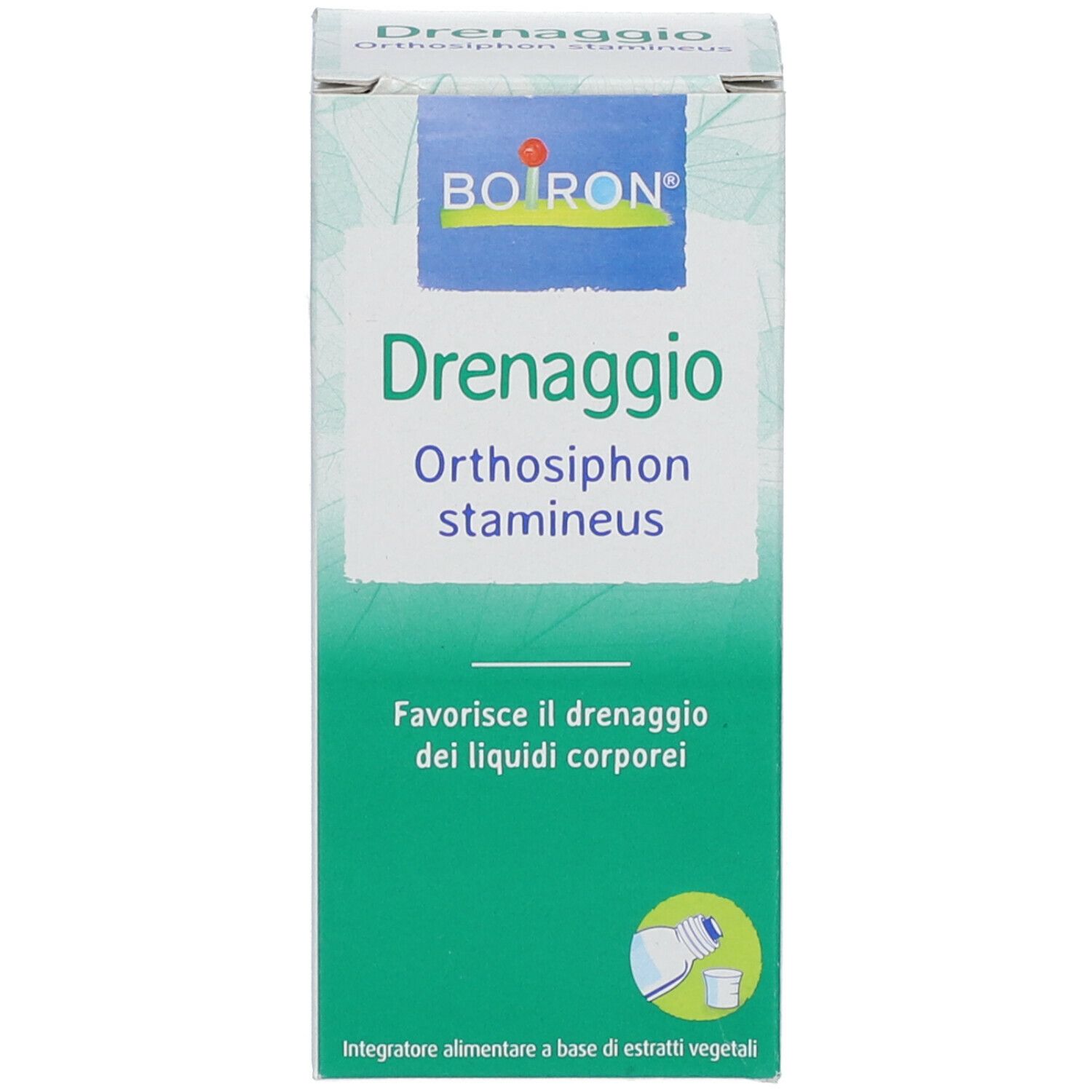 Scatola verde con il nome del prodotto "Drenaggio Orthosiphon stamineus" di BOIRON.