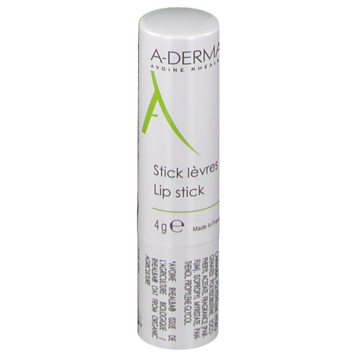 Stick lèvres blanc avec logo vert et texte. Nom du produit: Stick lèvres, Lip stick. 4g. Ingrédients visibles.
