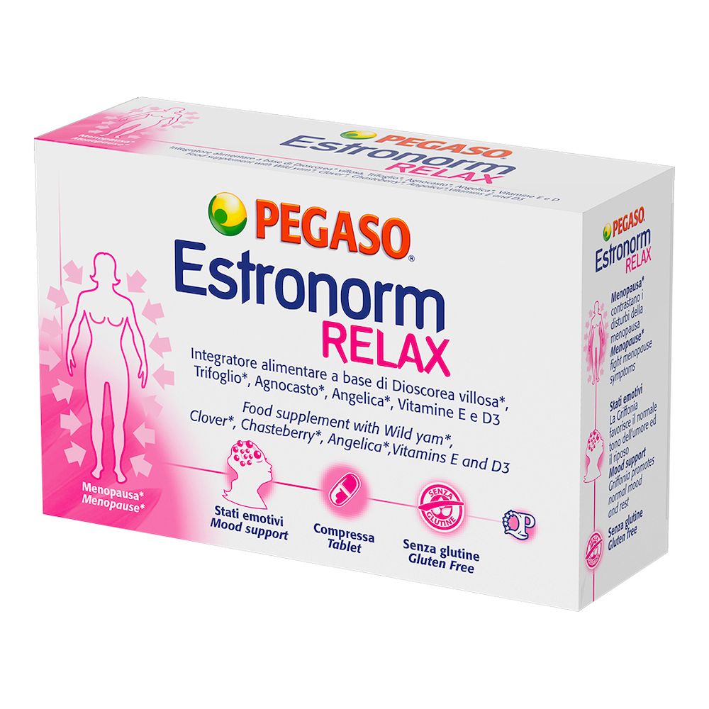 Scatola bianca con nome e logo del prodotto. Illustrazione rosa di una donna e frecce. Testo: Integratore alimentare.