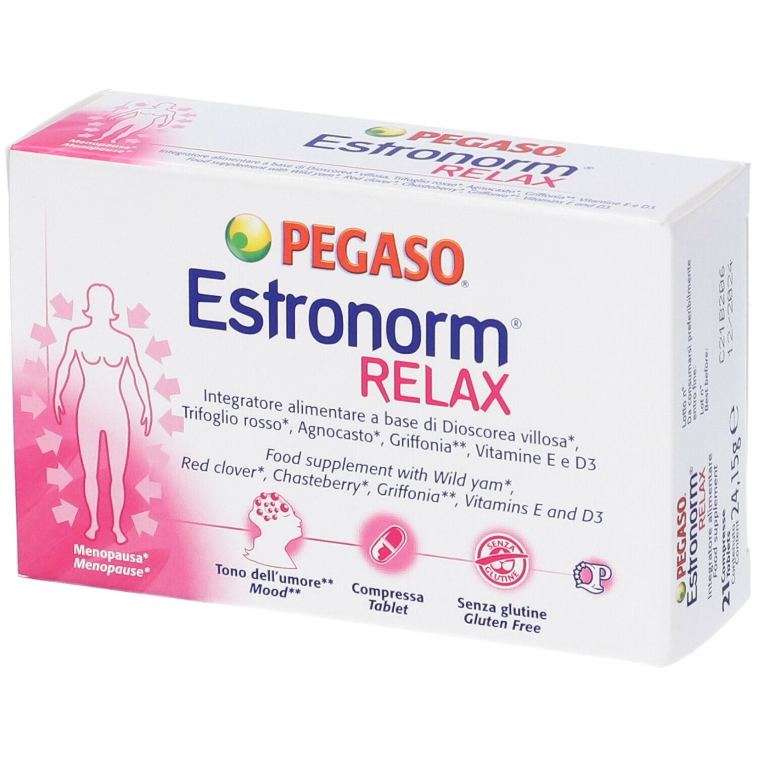 Scatola bianca con nome e logo del prodotto. Illustrazione rosa di una donna e frecce. Testo: Integratore alimentare.