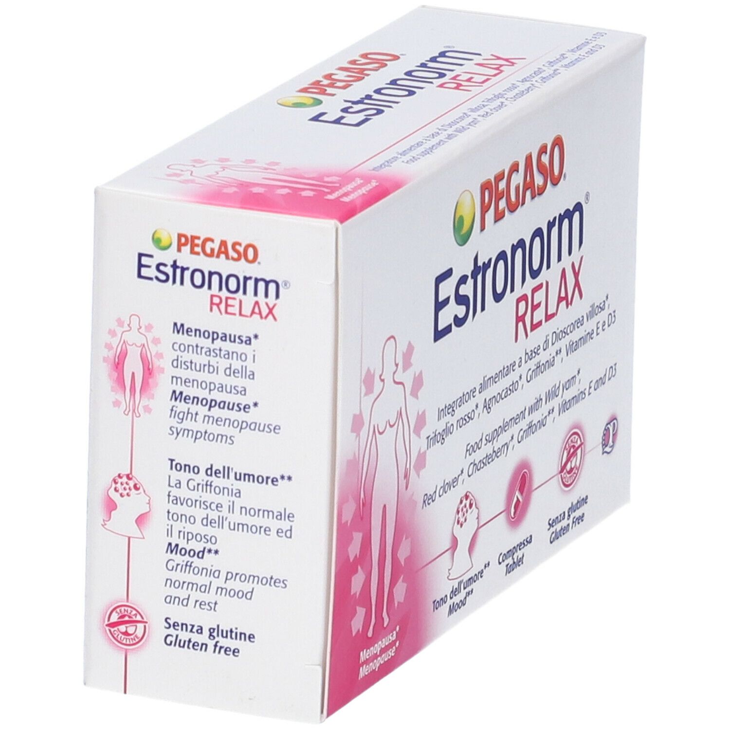 Scatola bianca con nome e logo del prodotto. Illustrazione rosa di una donna e frecce. Testo: Integratore alimentare.