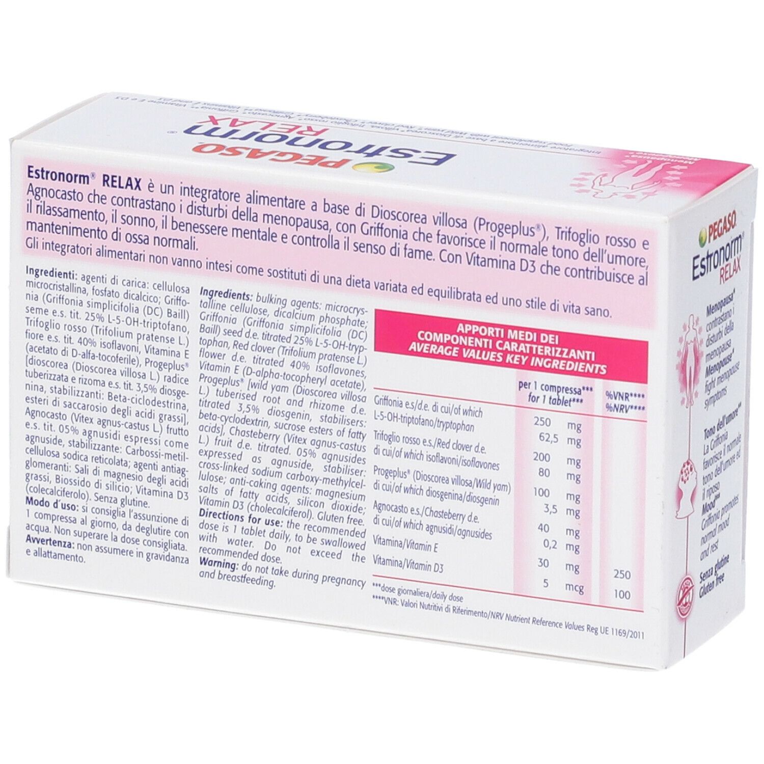 Scatola bianca con informazioni e ingredienti del prodotto. Testo multilingue. Vista dettagliata.