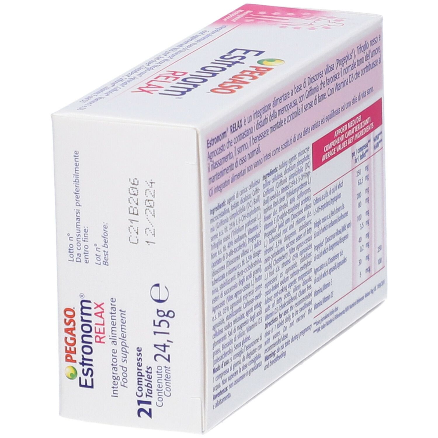 Scatola bianca con informazioni sul prodotto. Testo multilingue. Date. Vista obliqua.