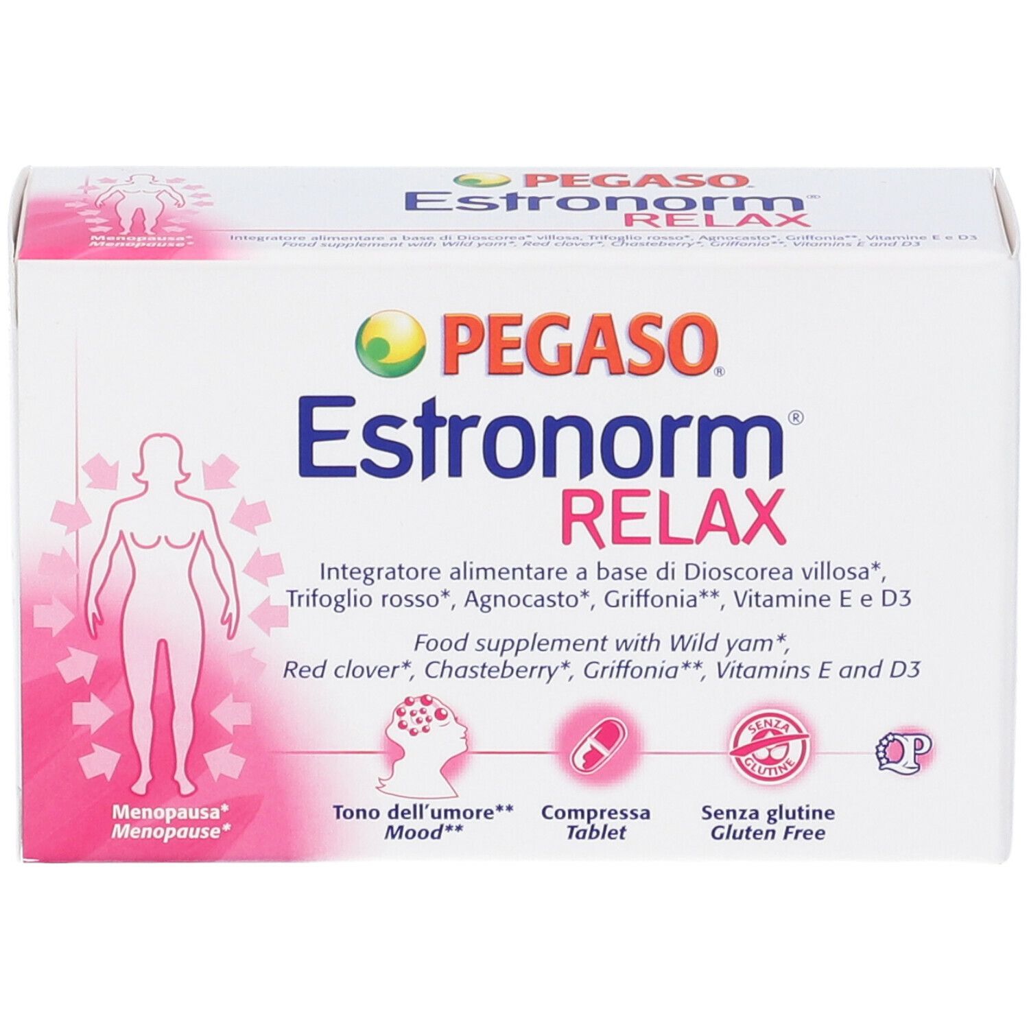 Scatola bianca con nome e logo del prodotto. Illustrazione rosa di una donna e frecce. Testo: Integratore alimentare.