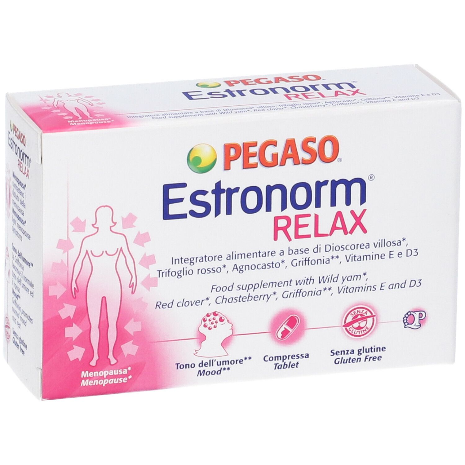 Scatola bianca con nome e logo del prodotto. Illustrazione rosa di una donna e frecce. Testo: Integratore alimentare.