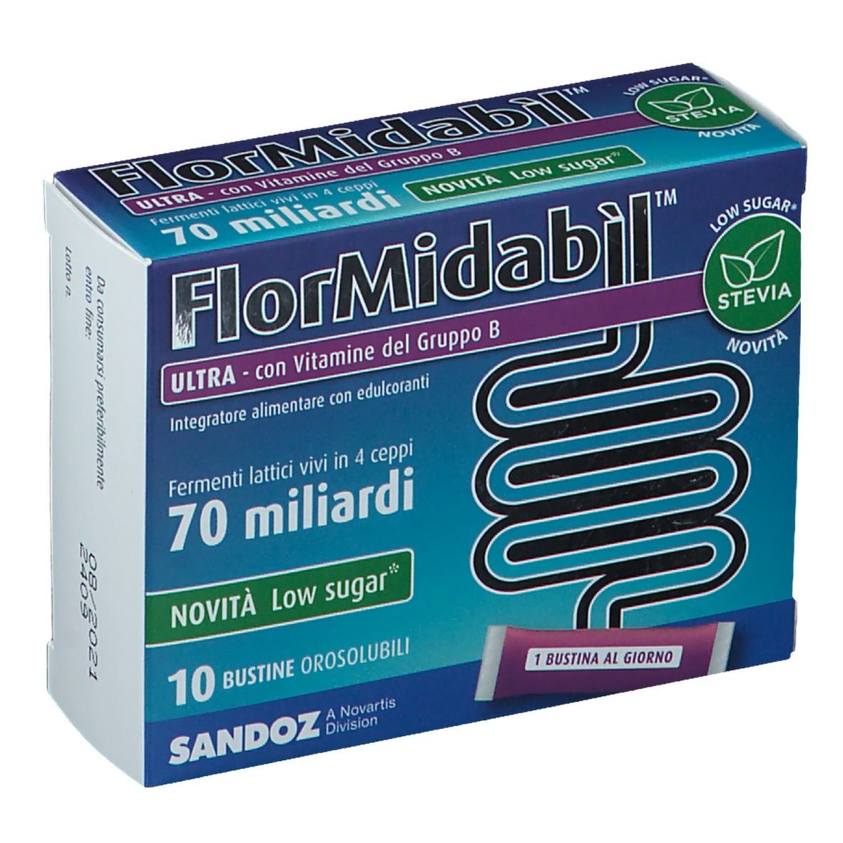 Confezione FlorMidabil ULTRA Bustine. Scatola blu con nome, 'Low Sugar' e logo 'Stevia'. Bustina singola visibile.
