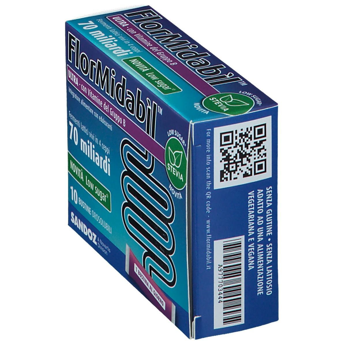Confezione FlorMidabil ULTRA Bustine. Scatola blu con nome, 'Low Sugar' e logo 'Stevia'. Vista dall'alto.