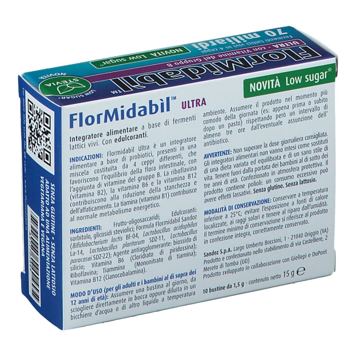 Confezione FlorMidabil ULTRA Bustine. Scatola blu con informazioni, codice QR e testo. Retro.