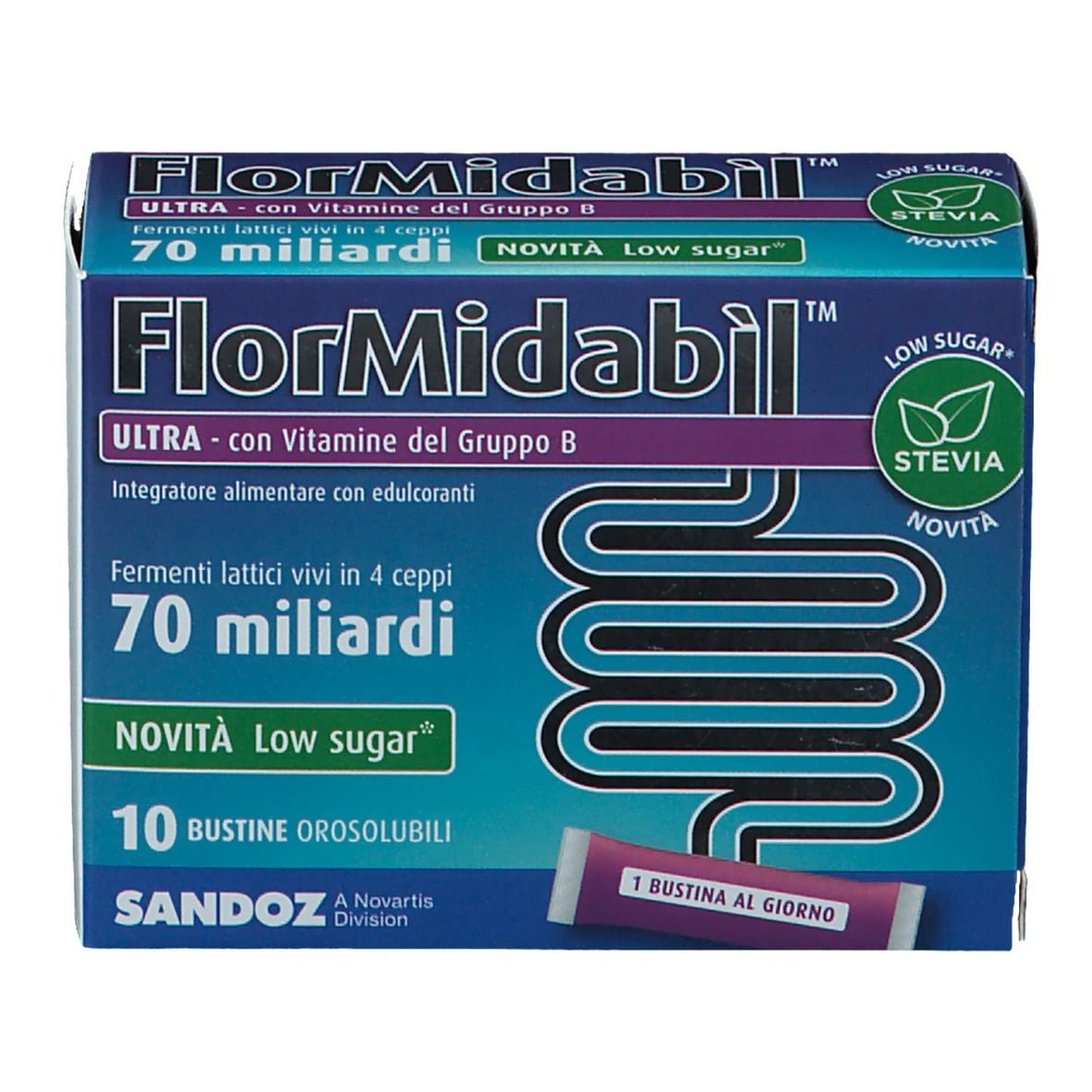 Confezione FlorMidabil ULTRA Bustine. Scatola blu con nome, 'Low Sugar' e logo 'Stevia'. Bustina singola visibile.
