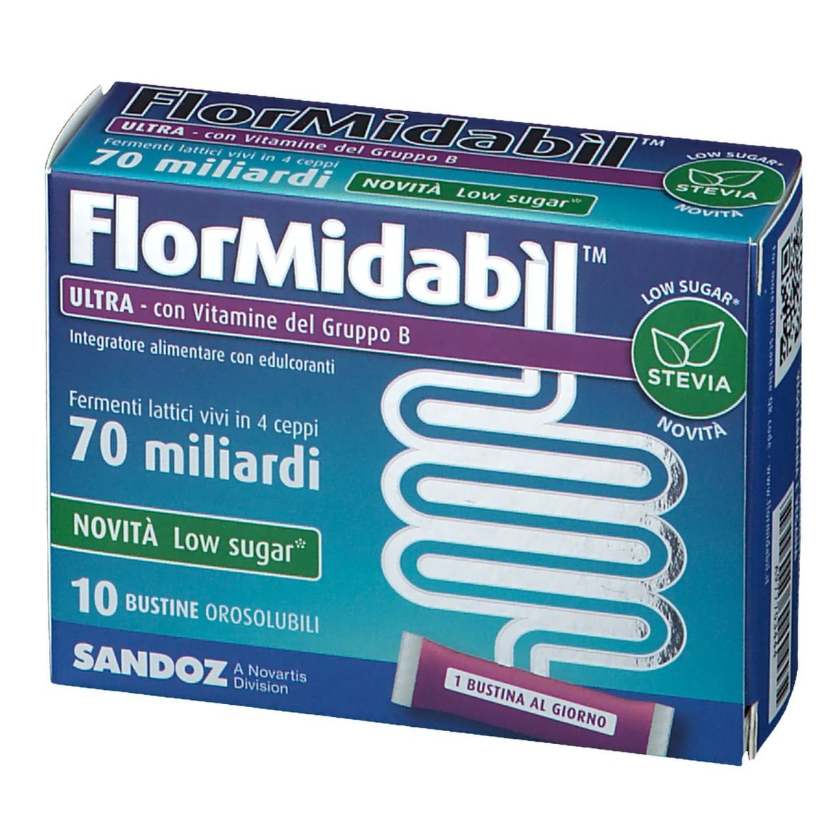 Confezione FlorMidabil ULTRA Bustine. Scatola blu con nome, 'Low Sugar' e logo 'Stevia'. Bustina singola visibile.