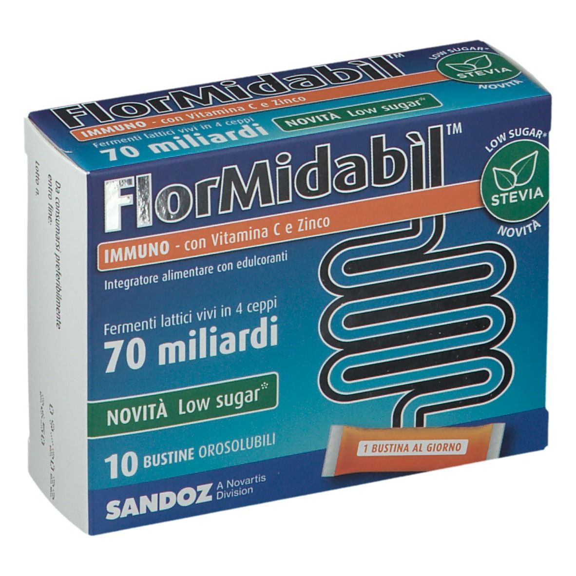 Confezione SANDOZ FlorMidabil™ Immuno. Contiene 10 bustine. Scritte: 70 miliardi, Low Sugar, Stevia. Bustina singola visibile.