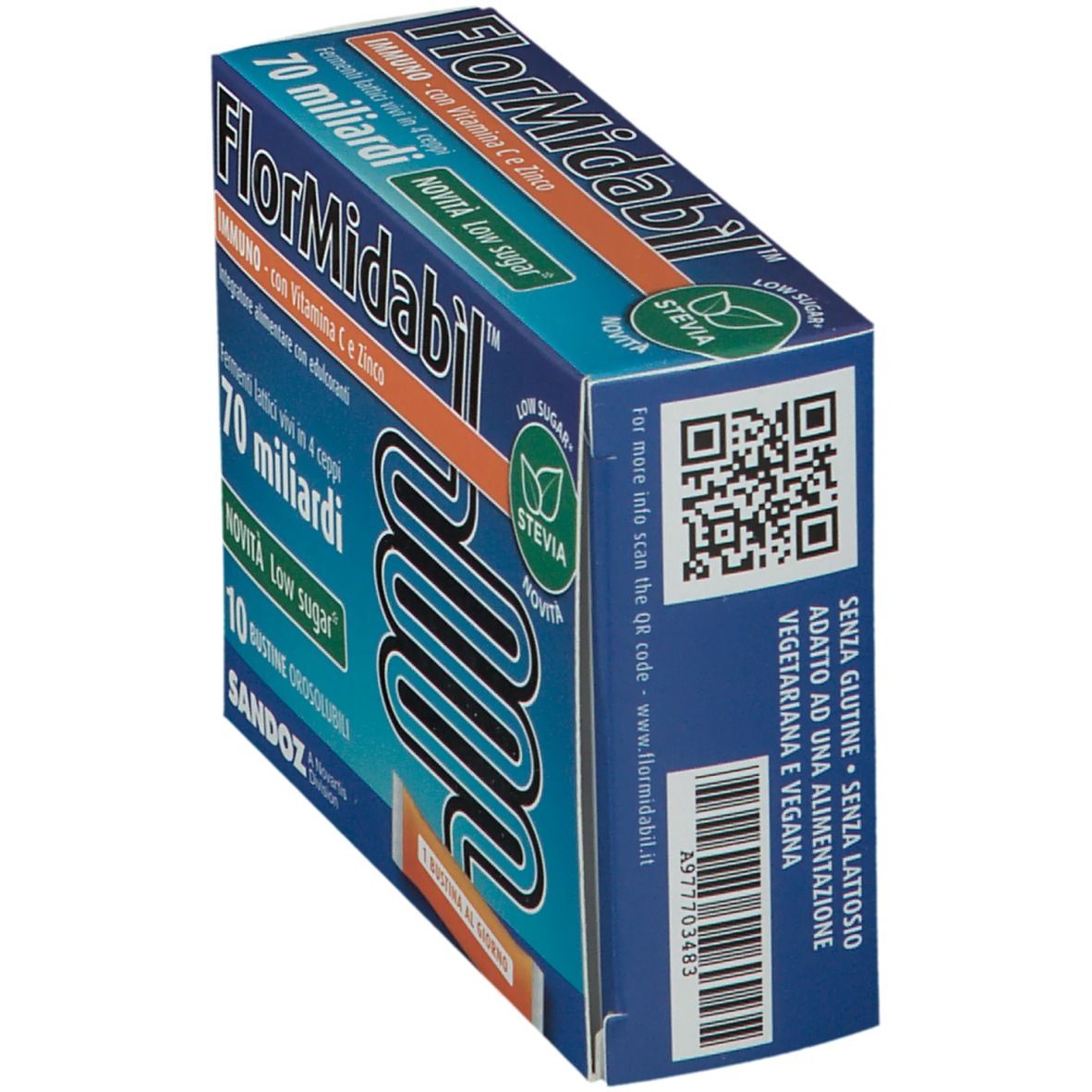 Confezione SANDOZ FlorMidabil™ Immuno, angolata. Scritte: 70 miliardi, Low Sugar, Stevia. QR code e testo: Senza glutine, lattosio.