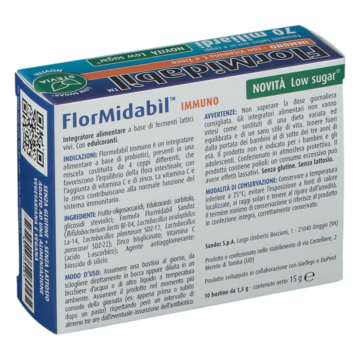 Confezione SANDOZ FlorMidabil™ Immuno. Retro con testo. Scritte: 70 miliardi, Low Sugar, Stevia. QR code e testo: Senza glutine, lattosio.