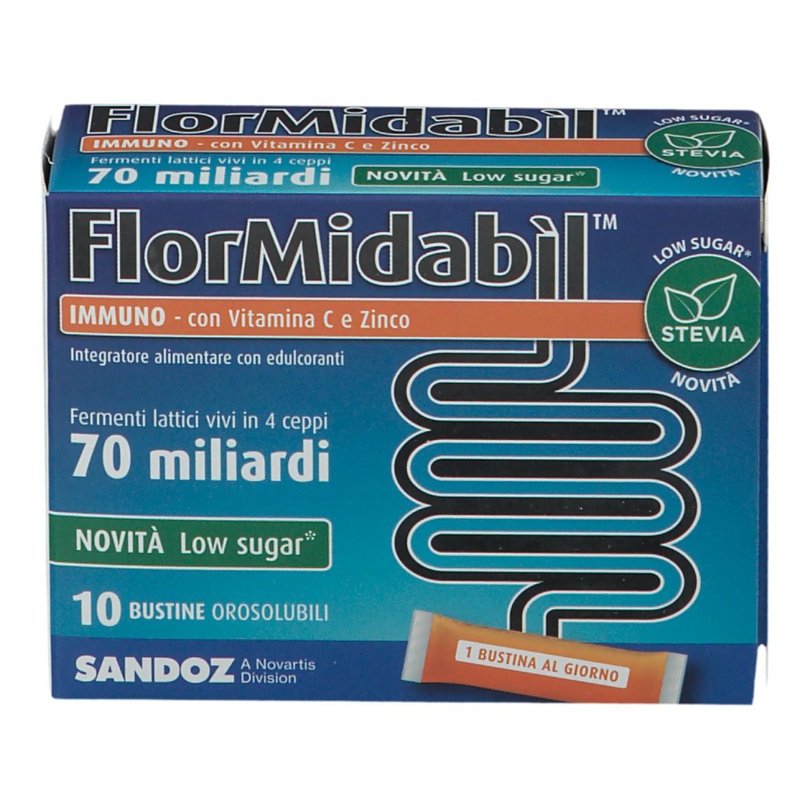 Confezione SANDOZ FlorMidabil™ Immuno. Contiene 10 bustine. Scritte: 70 miliardi, Low Sugar, Stevia. Bustina singola visibile.