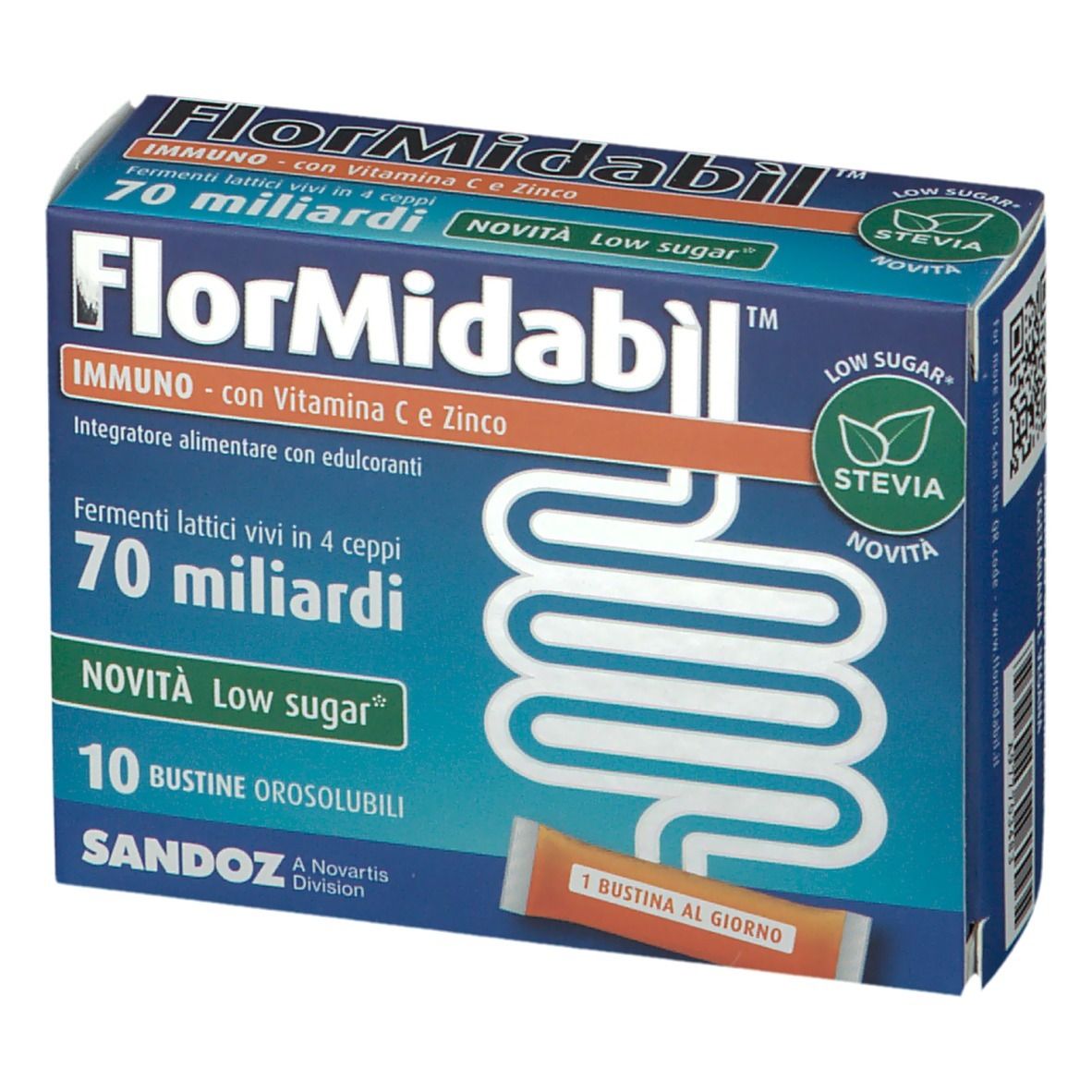 Confezione SANDOZ FlorMidabil™ Immuno. Contiene 10 bustine. Scritte: 70 miliardi, Low Sugar, Stevia. Bustina singola visibile.