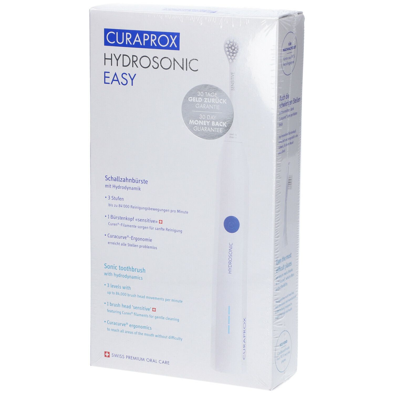 Confezione con spazzolino sonico bianco. Accenti blu. Testo: CURAPROX HYDROSONIC EASY. Garanzia di rimborso.