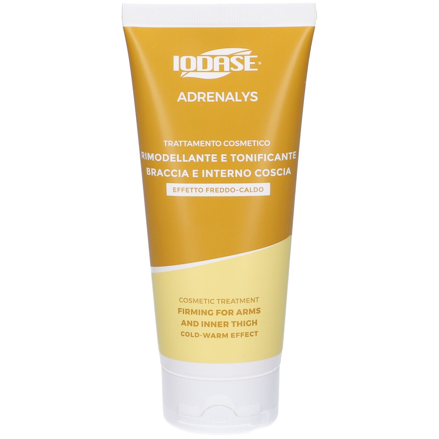 Tubo giallo. Scritta: Iodase Adrenalys. Trattamento per braccia e cosce. Effetto caldo-freddo. Tappo bianco.